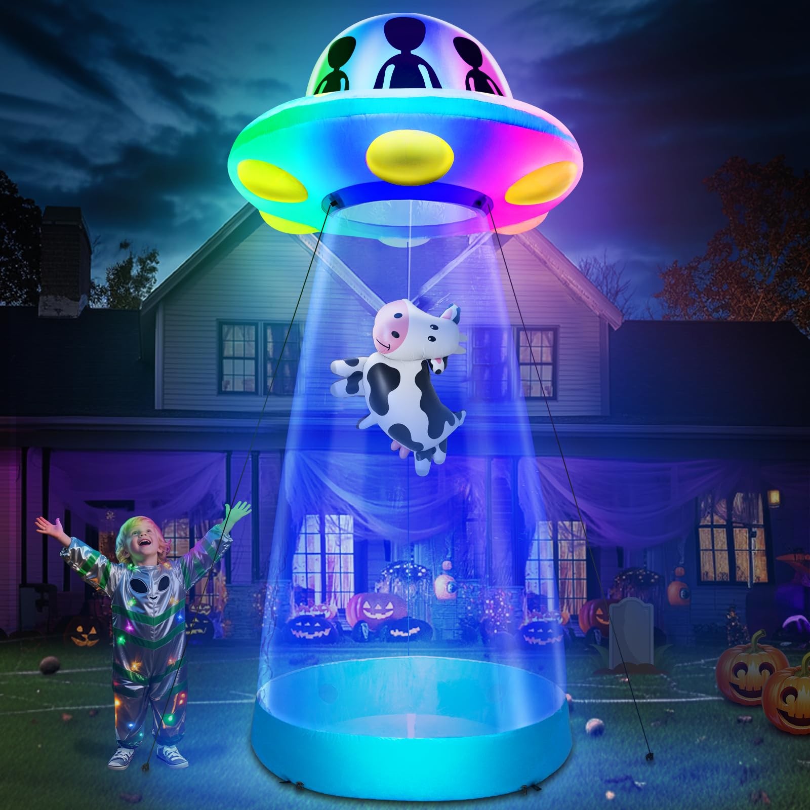 TURNMEON 10 Ft Tall Halloween Inflatable UFO Cow Abduction Multicolor TURNMEON 10 Ft Tall Halloween Inflatable UFO Cow Abduction Multicolor