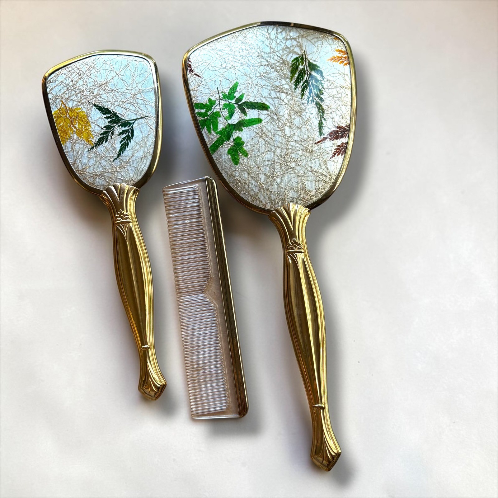 Vintage Botanical Pressed Fern Vanity Set Gold Tone Hand Mirror Brush Comb 3pc