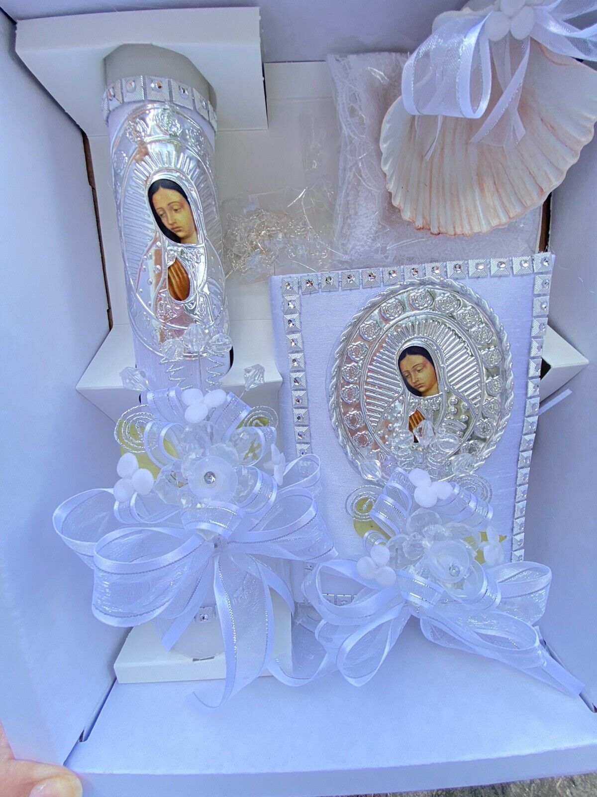 5pcs Baptism Candle Set Favors, Girl Boy White Set de Bautizo Espanol Nina Nino