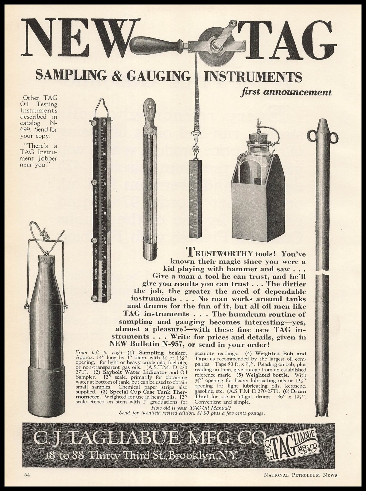 1928 C. J. Tagliabue Brooklyn NY Sampling & Gauging Instruments Vintage Print Ad