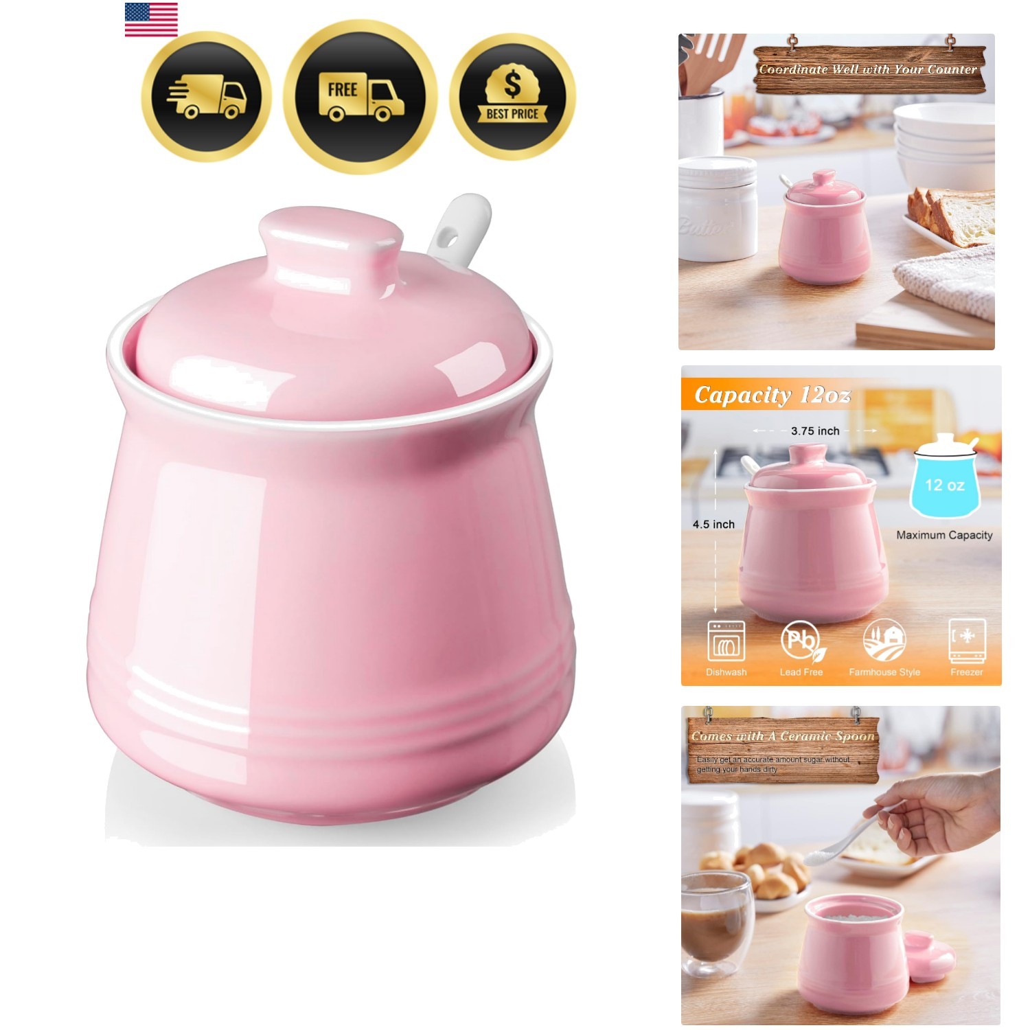 Sugar Bowl with Lid and Spoon 12 oz Ceramic Kitchen Decor Pink Farmhouse