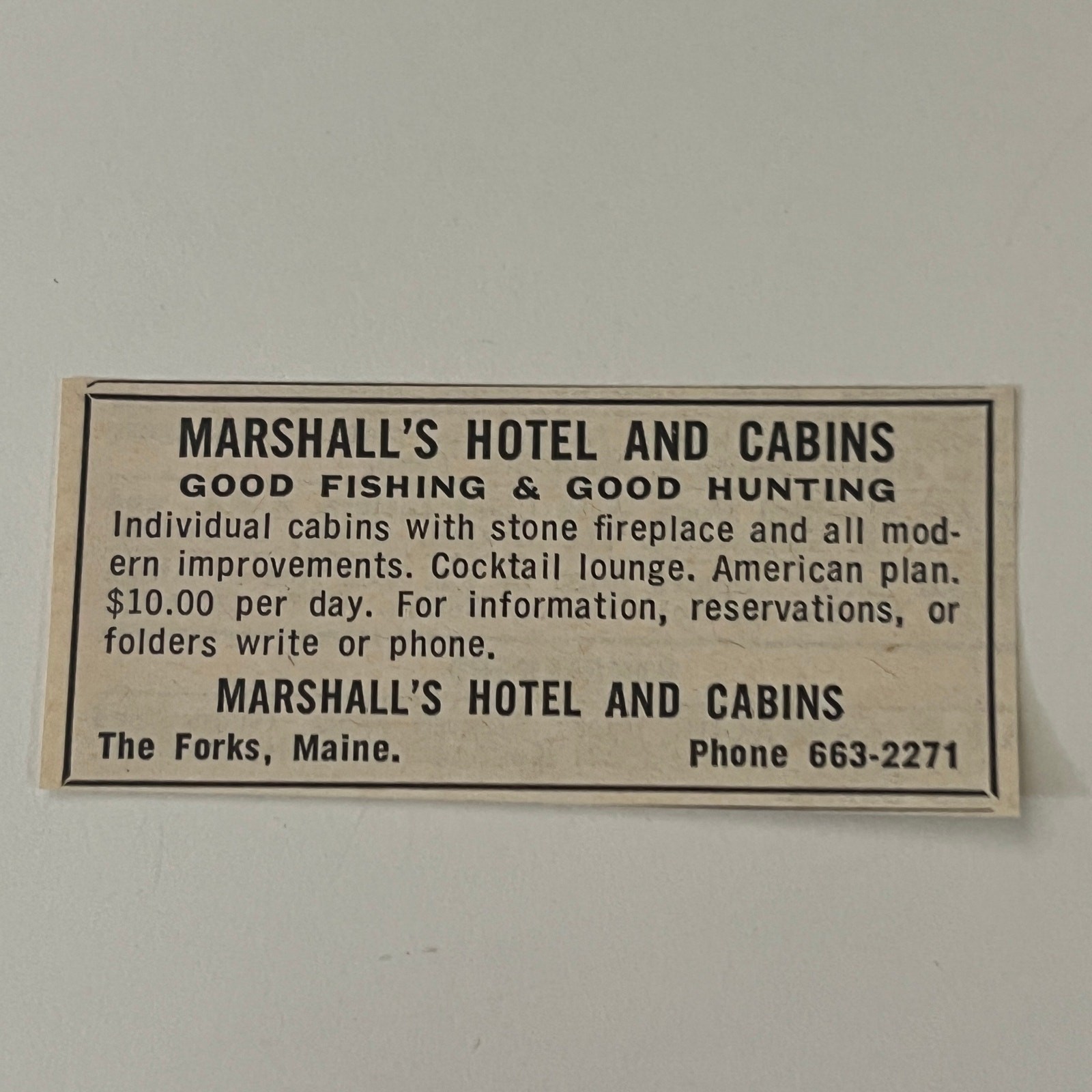 Marshall\'s Hotel & Cabins Good Fishing & Hunting The Forks ME 1966 Ad SAH8-3-V2