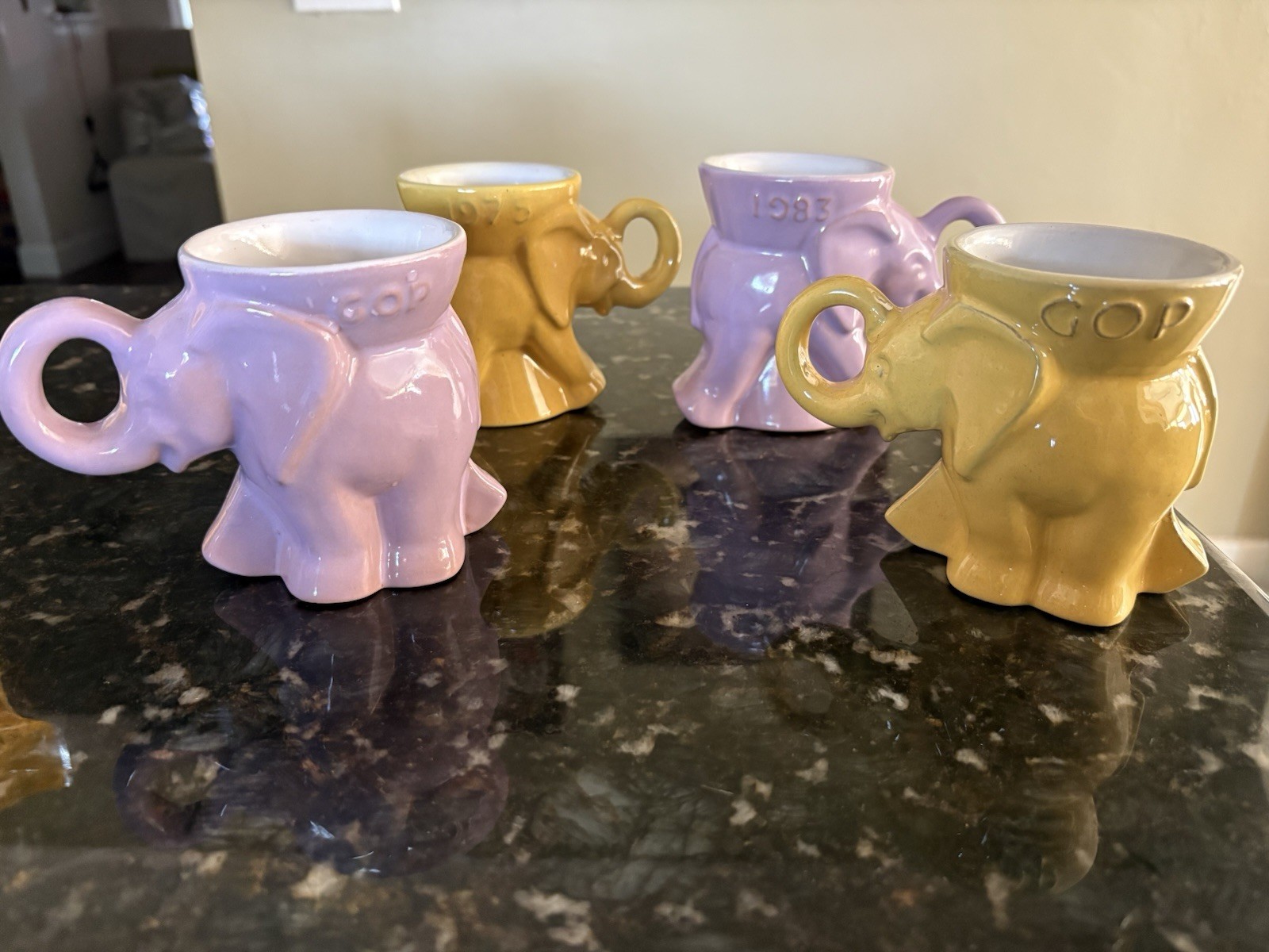 Frankoma Pottery Mugs Republican party (GOP). Two 1975 Yellow + Two 1983 Purple