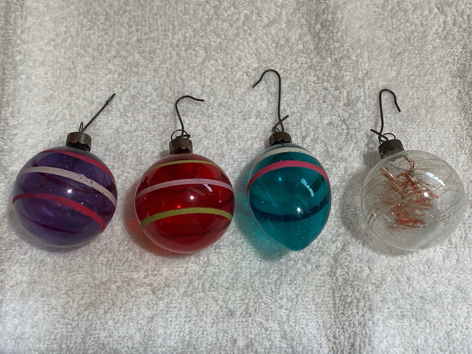 4 VTG WW2 ERA UnSilvered Christmas Ornaments Purple Red Turquoise Clear Stripe