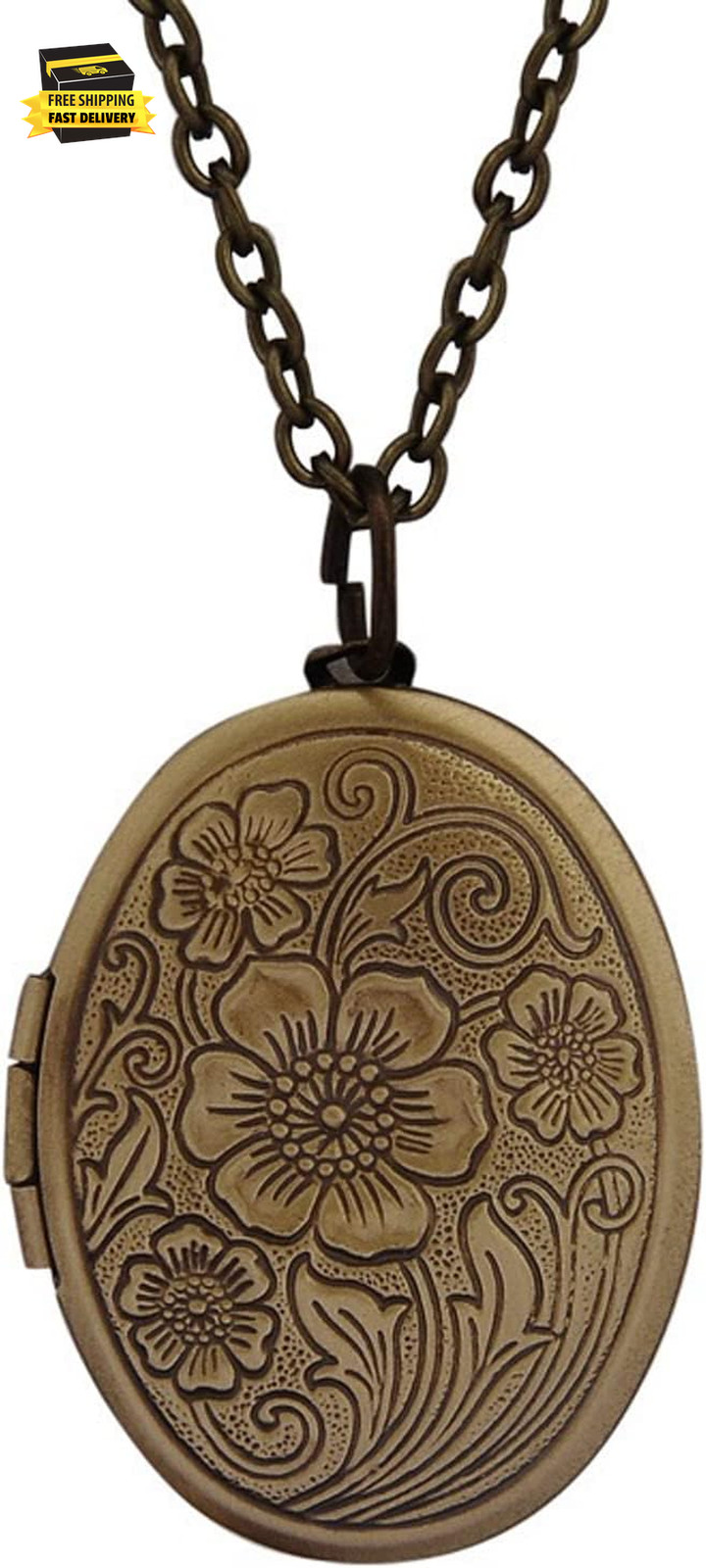Vintage Engraved Flower Empaistic Photo Locket Hold Picture Oval round Pendant N