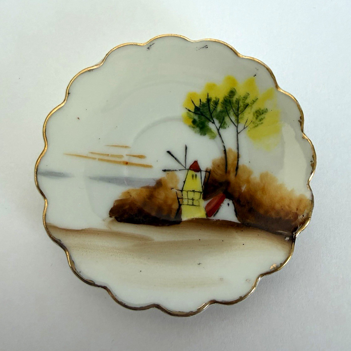 Made in Occupied Japan Hand Painted Scalloped Edge Mini Dish Scenic Design