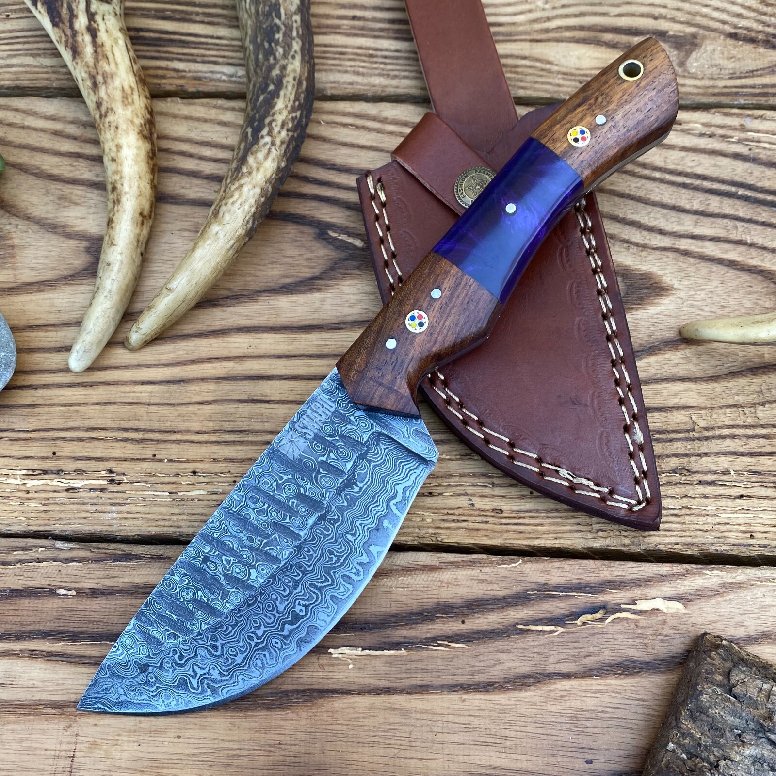 SHARD Custom Handmade Forged Damascus Camping Bushcraft Hunting Knife W+Sheath