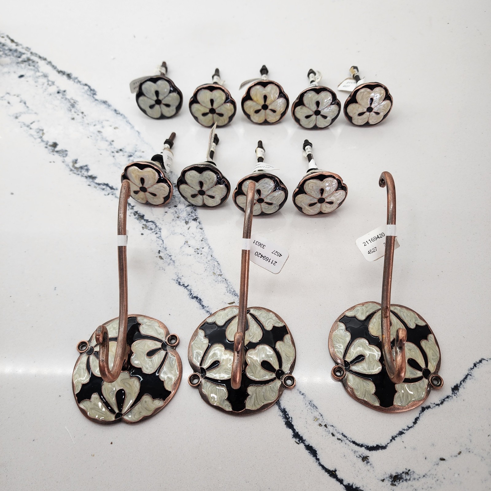 New Anthropologie Enamel Brass Floral Rosette Wall Hooks and Pulls Black/ White