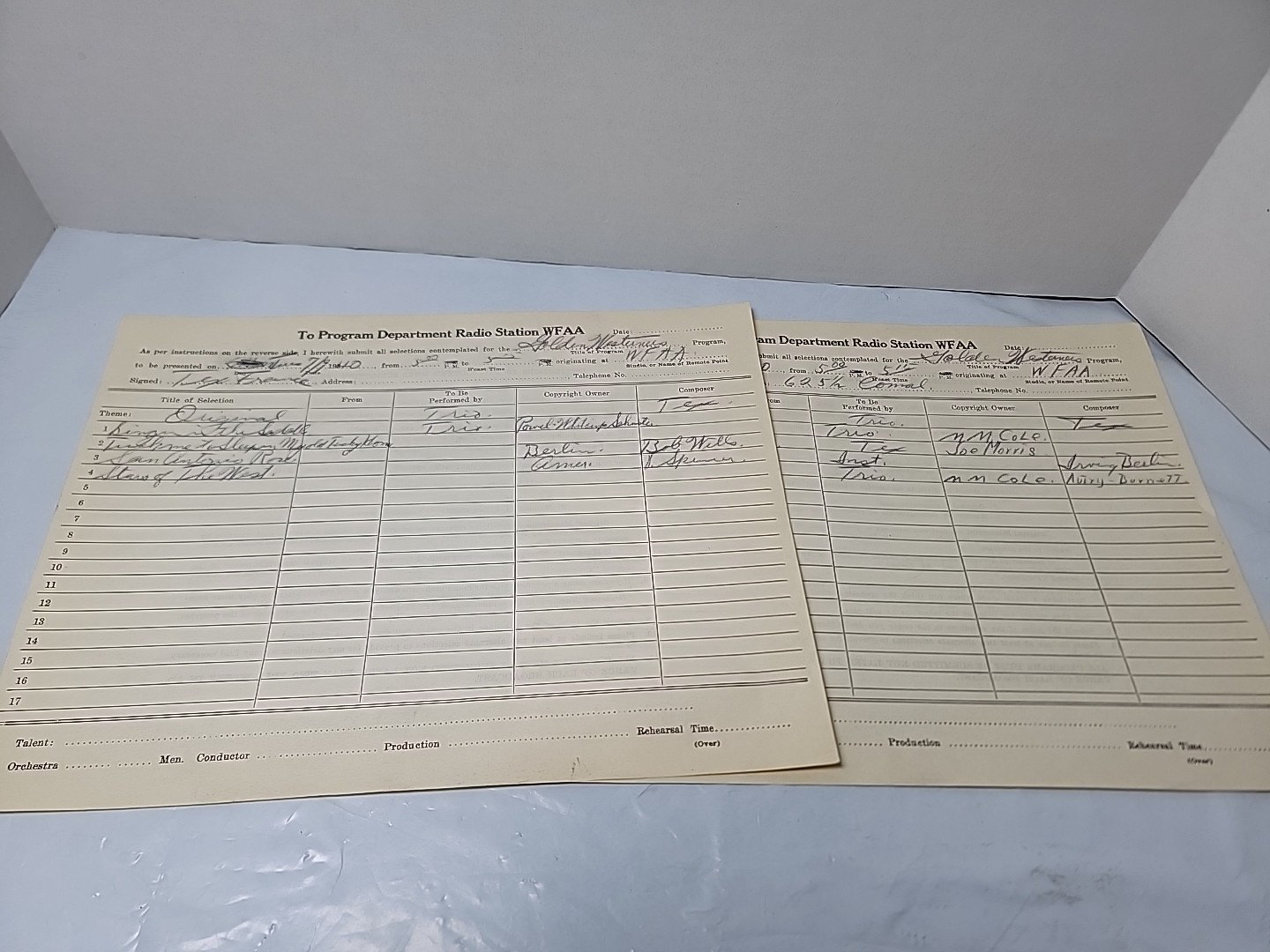 1940 WFAA Radio Program Forms Bob Wills Irving Berlin Western Music Ephemera 1940 WFAA Radio Program Forms Bob Wills Irving Berlin Western Music Ephemera