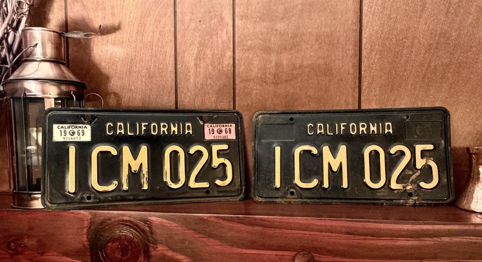Pair Vintage 1963 California Black License Plates 1968 1969 Reg Stickers 1CM 025