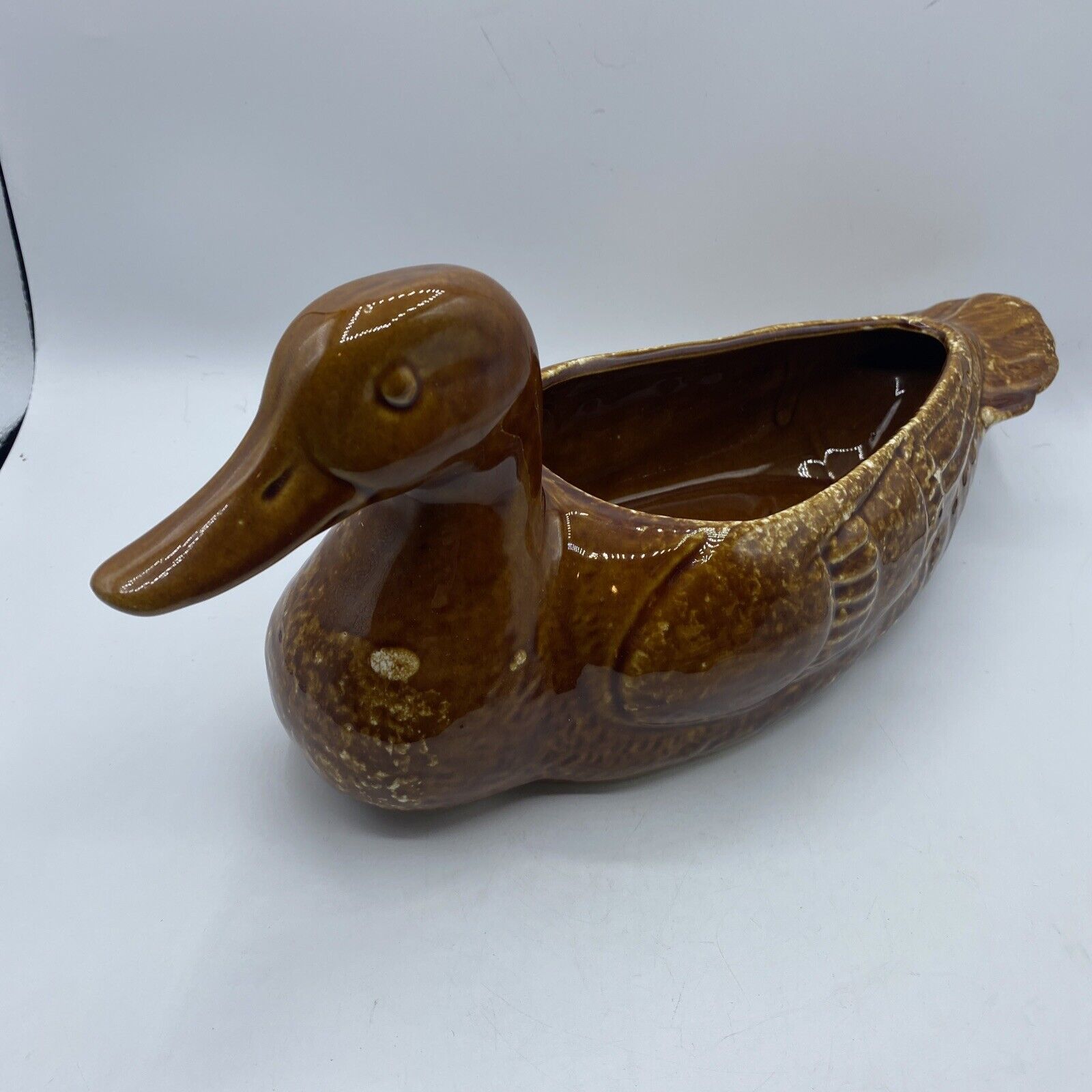 Vintage Ceramic Duck Planter Drip Glaze Pottery Brown Handmade 14.5\