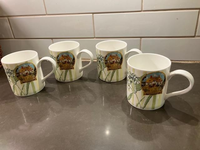 Set of 4 ROY KIRKHAM Fine Bone China Mugs MADE IN ENGLAND Green Floral/Stripes