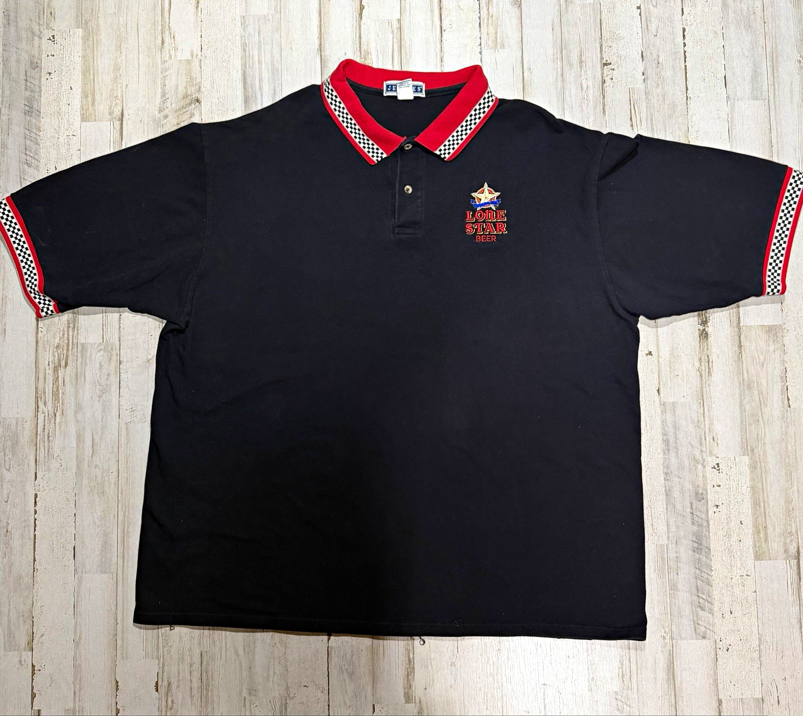Vintage Lone Star Beer Polo Shirt XL Black Red Checkered Trim Texas Brew Y2K (E