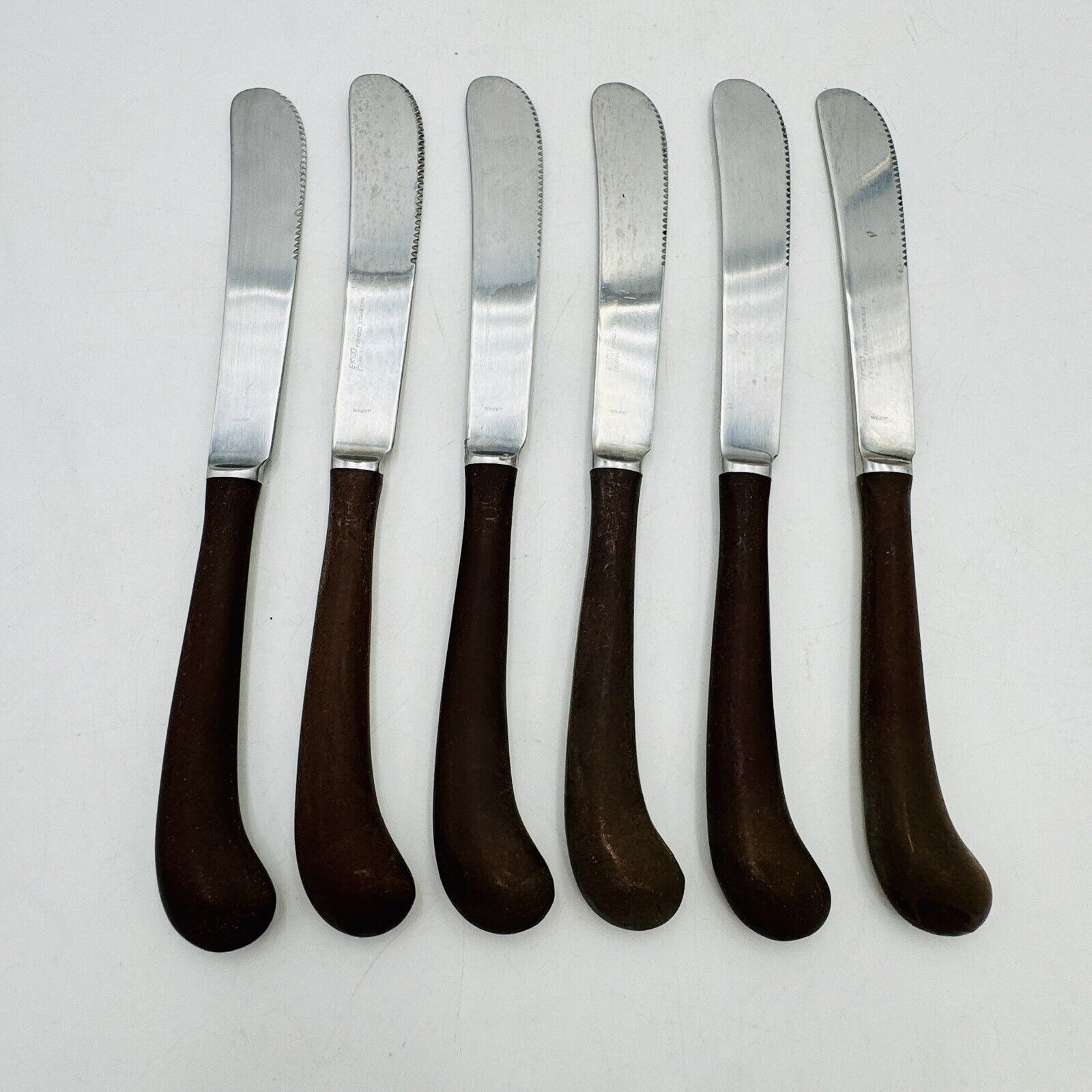 Mid-Century Ekco Eterna Steak Knives Set of 6 Brown Canoe Pistol Handles MCM