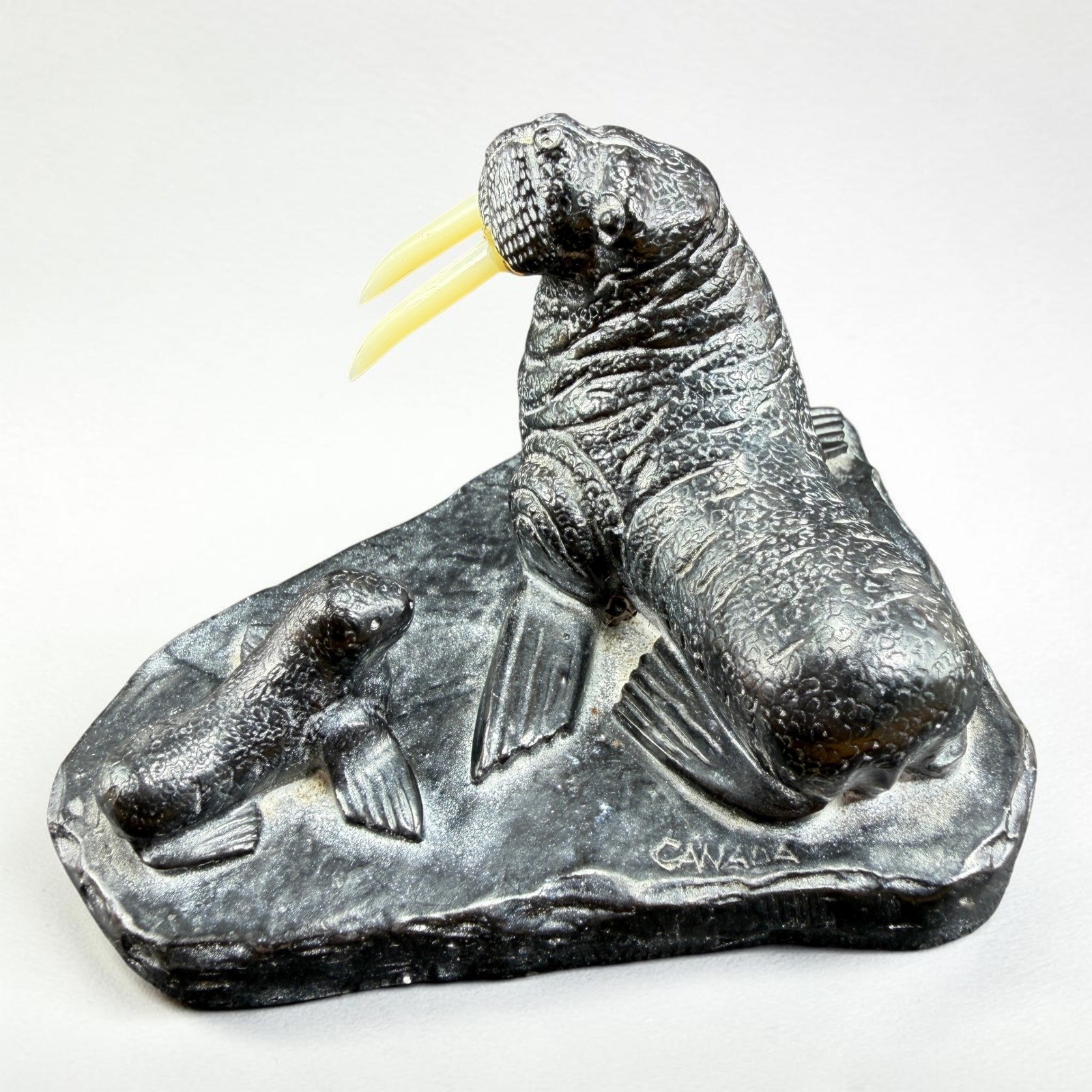 Vanstone Canada Walrus and Pup Figurine Soapstone Style Sculpture Vancouver BC
