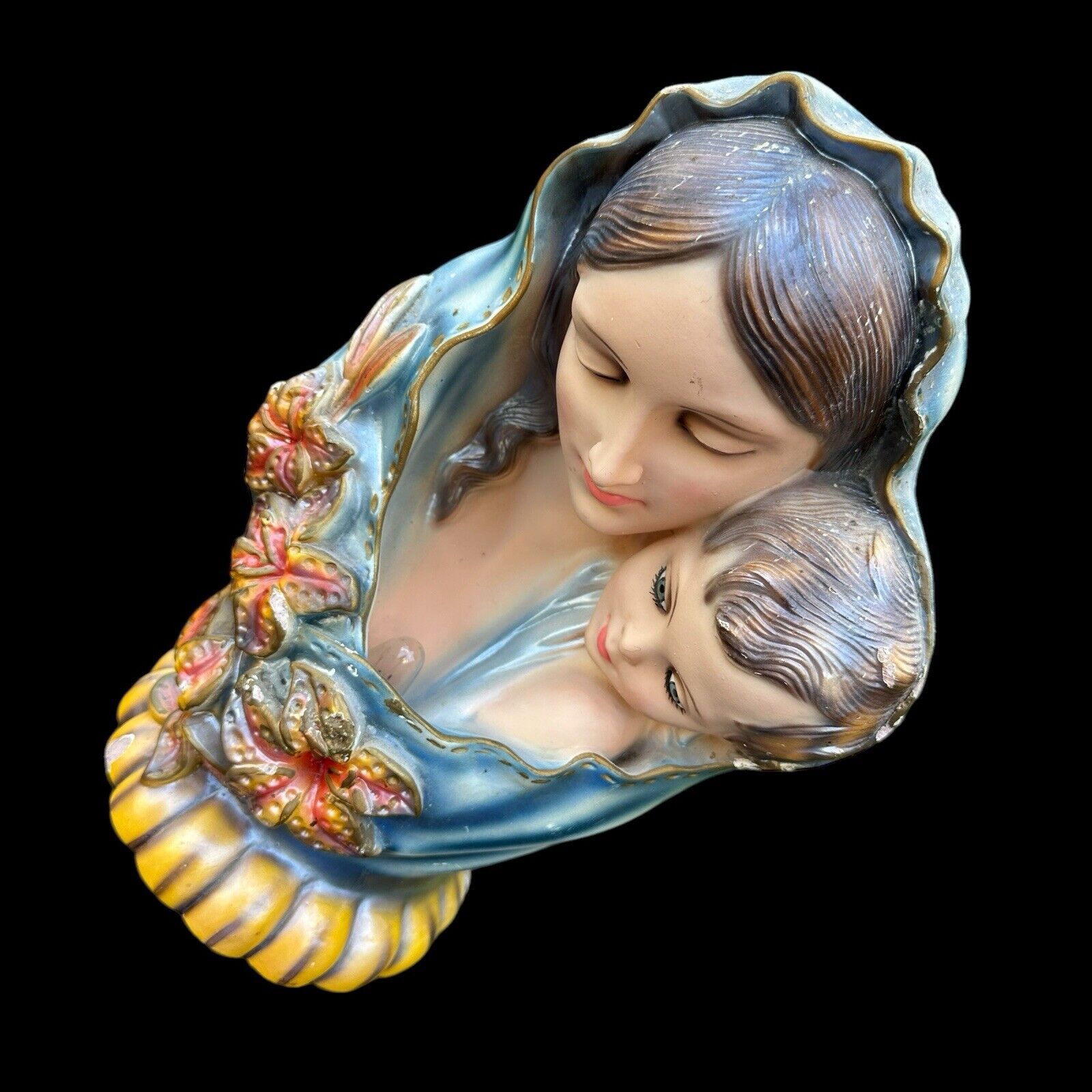 Vintage Virgin Mary & Baby Jesus Chalkware Figural Night Light W/Lilies Italy