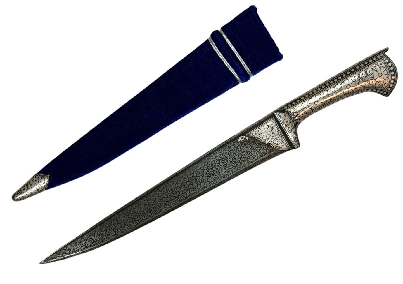 Indo Persian Silver Kofthgiri Work Unsharp Damascus Steel Blade Sikh Kripan 15”