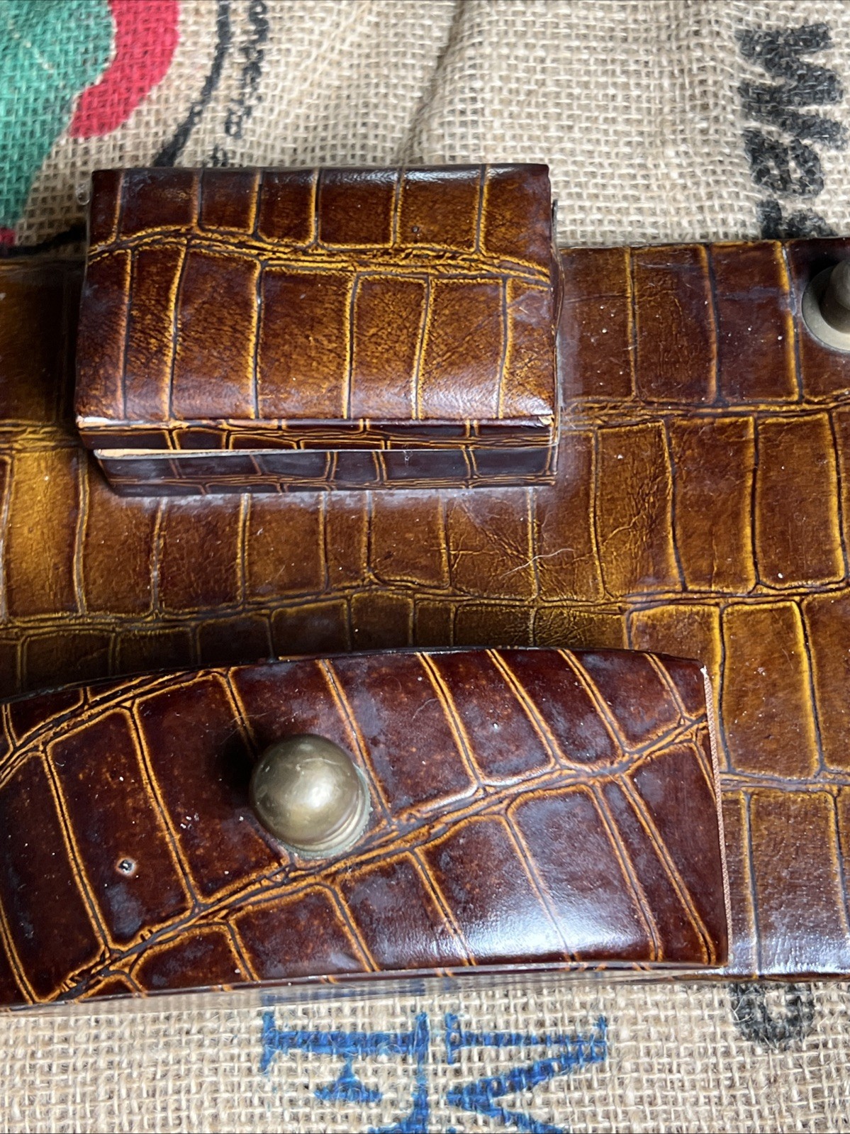 Vintage Croc Leather Embossed Brass Desk Set Pencil Holder Box . Brown Vintage Croc Leather Embossed Brass Desk Set Pencil Holder Box . Brown