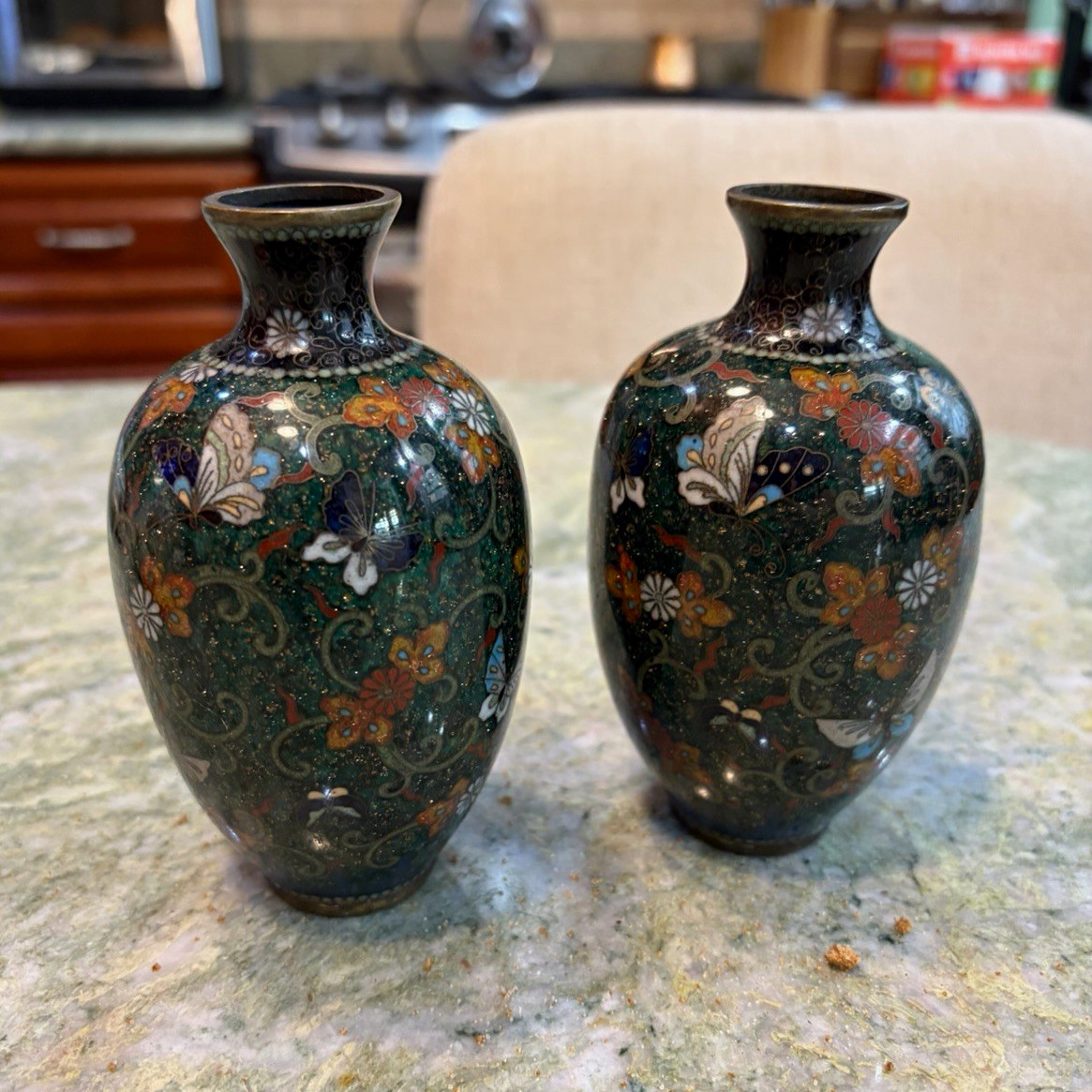 Antique Japanese Meiji Cloisonne Vases Pair Green Goldstone Aventurine Butterfly Antique Japanese Meiji Cloisonne Vases Pair Green Goldstone Aventurine Butterfly