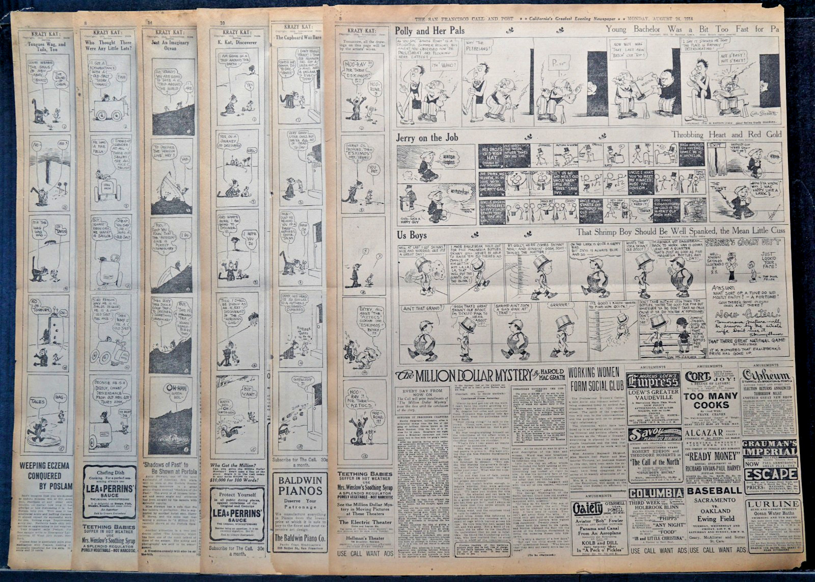 Lot of 6 - 1914 San Francisco Newspaper Daily Comic Pages Featuring Krazy Kat
