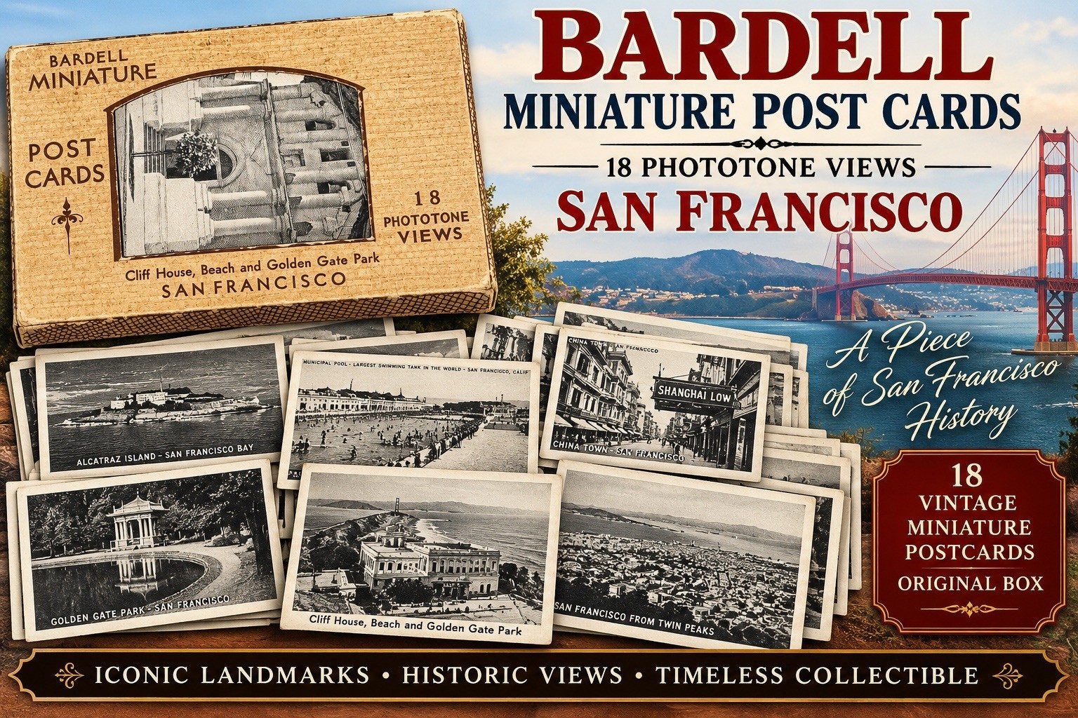 VTG Bardell Miniature Post Cards 18 Phototone Views San Francisco Souvenir Set