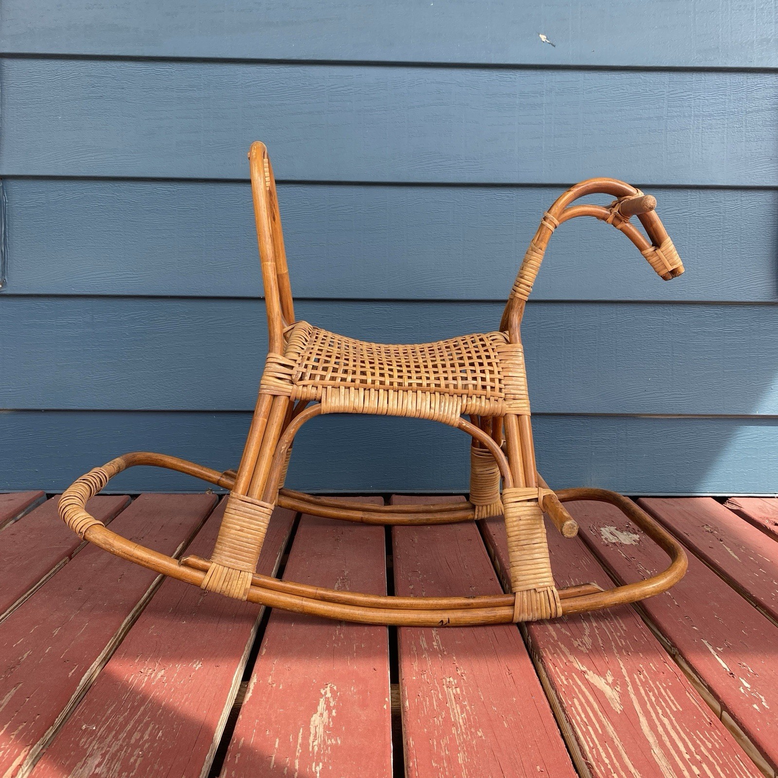 Vintage Mid-Century Wicker Rattan Child's Rocking Horse Natural Baby Aesthetic