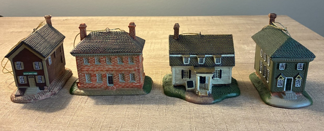 4 Lang & Wise Williamsburg Ornaments ~ Apothecary Shop, Nicolson, Ewing, Wythe