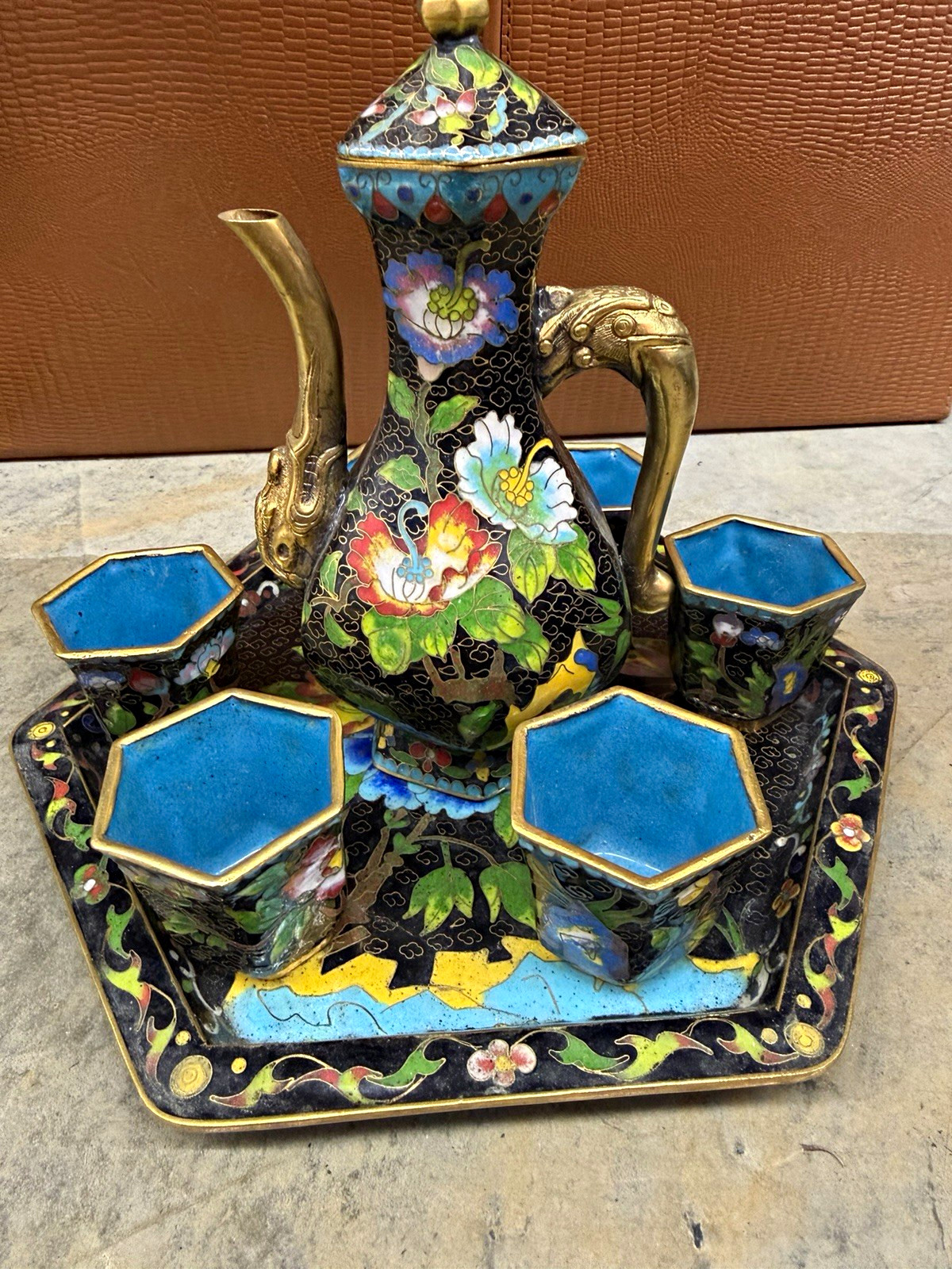 Vintage Cloisonne Enamel Floral Hexagon Sake or Tea Set w/Tray & 6 Cups, Boxed Vintage Cloisonne Enamel Floral Hexagon Sake or Tea Set w/Tray & 6 Cups, Boxed