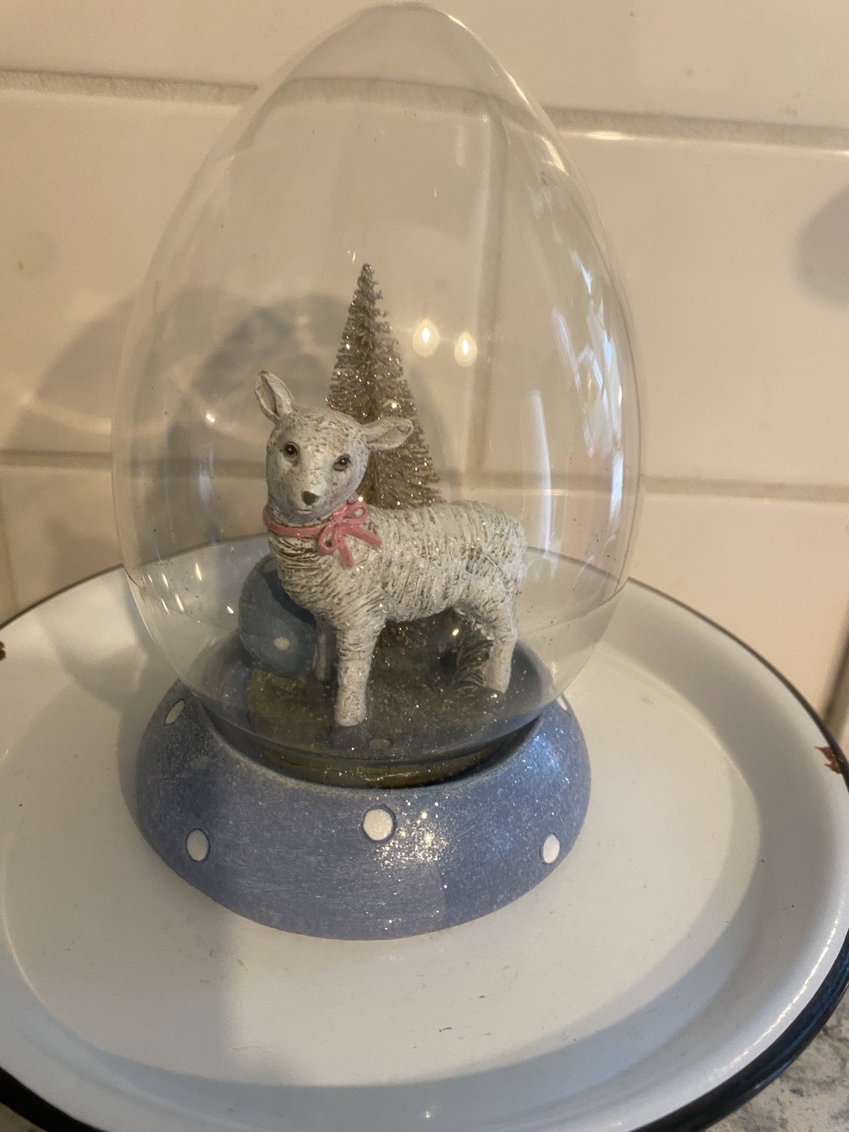 Glass Easter egg lamb and tree diorama holiday decor ￼