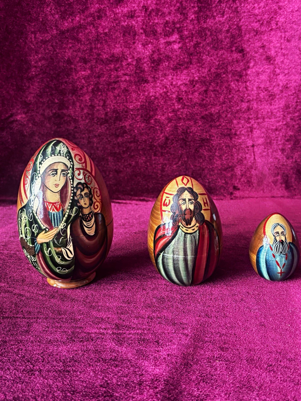 Vtg Signed A. Ishchenko Wooden Orthodox Icon Nesting Eggs 3pc Set Matryoshka Vtg Signed A. Ishchenko Wooden Orthodox Icon Nesting Eggs 3pc Set Matryoshka