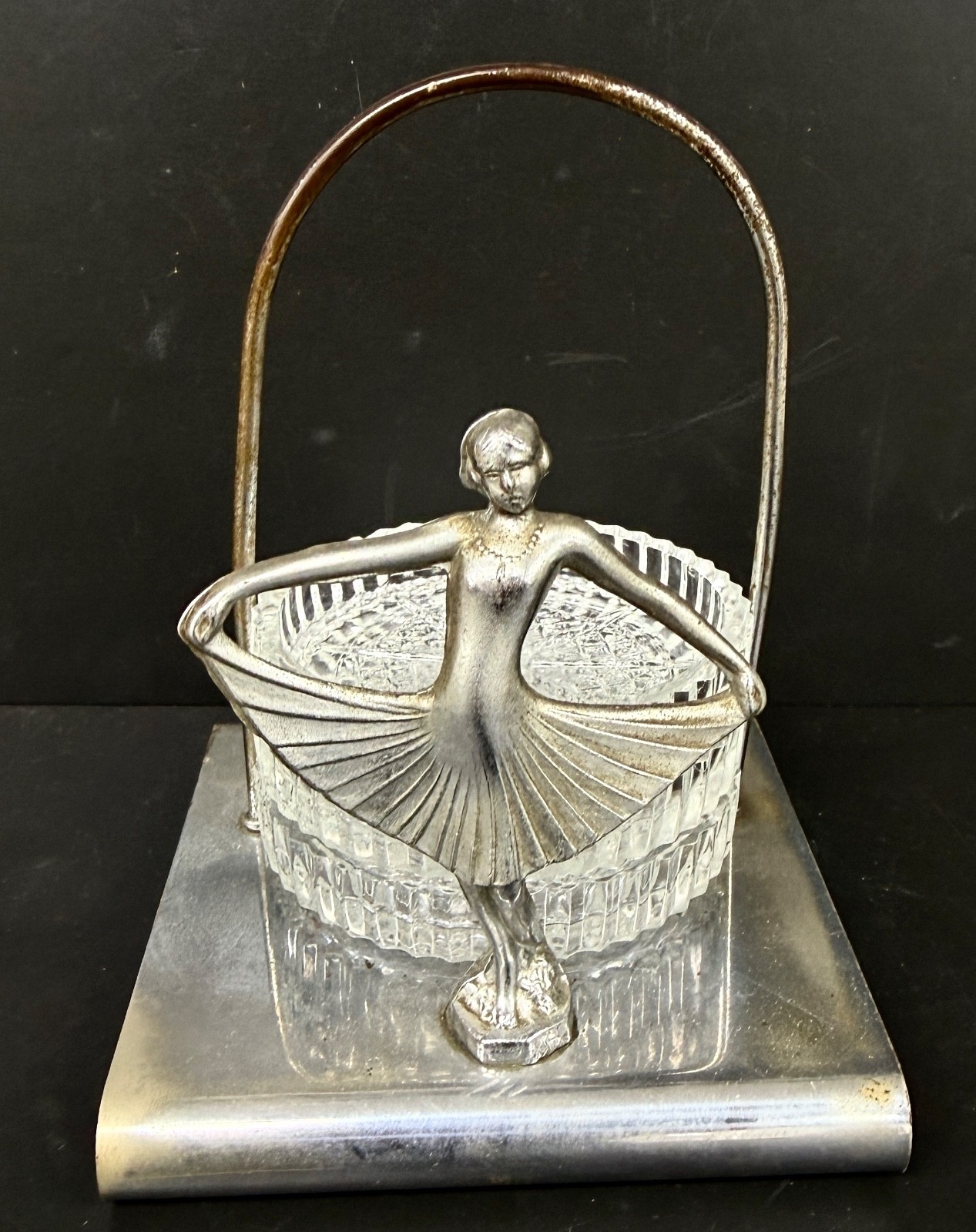 Antique Art Deco Chrome Plates Drink Coaster Holder Flapper Lady w Skirt Antique Art Deco Chrome Plates Drink Coaster Holder Flapper Lady w Skirt