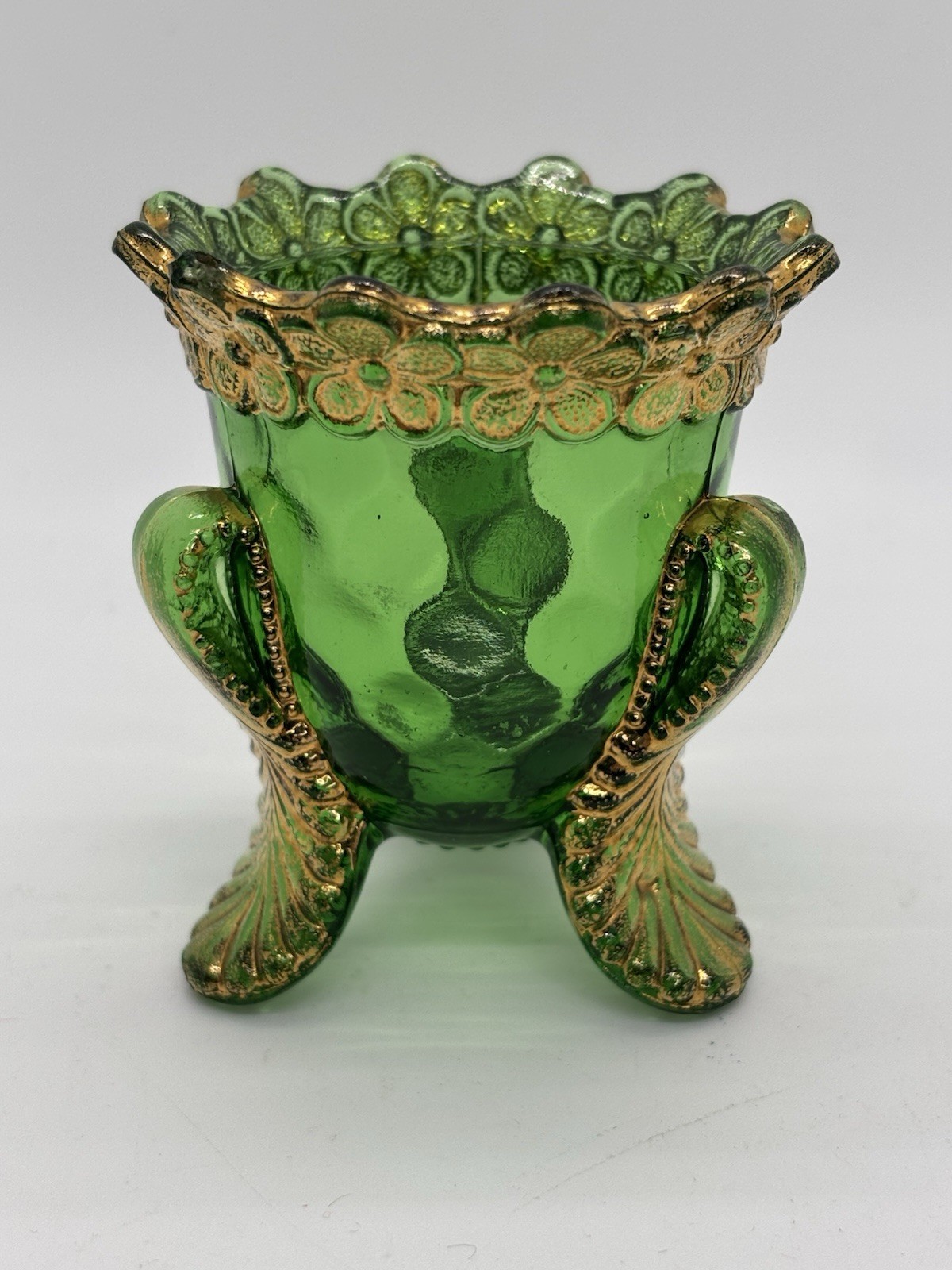 Vintage EAPG Green Emerald Optic Glass Toothpick Holder Gold Gild Footed Vermont