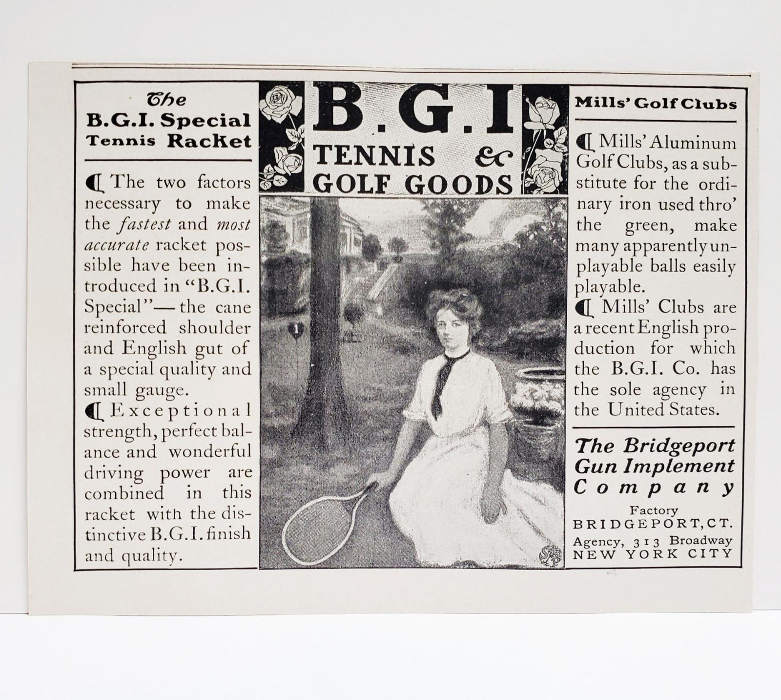 1903 B.G.I.Tennis & Golf Goods Mills Clubs Bridgeport Gun Implement Print AD