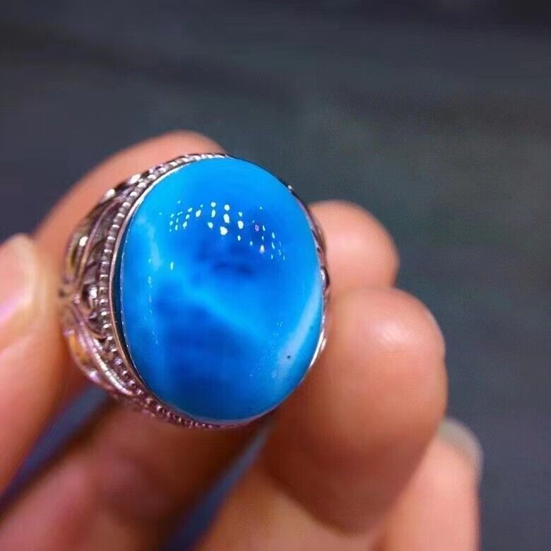 Genuine Natural Blue Larimar Fashion Woman Party Silver Ring Adjustable Size 