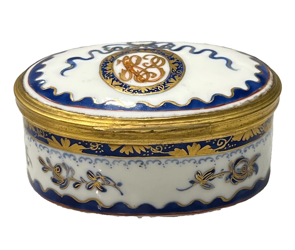 Antique Continental Porcelain Snuff Box Gilt Metal Monogram c1800 European