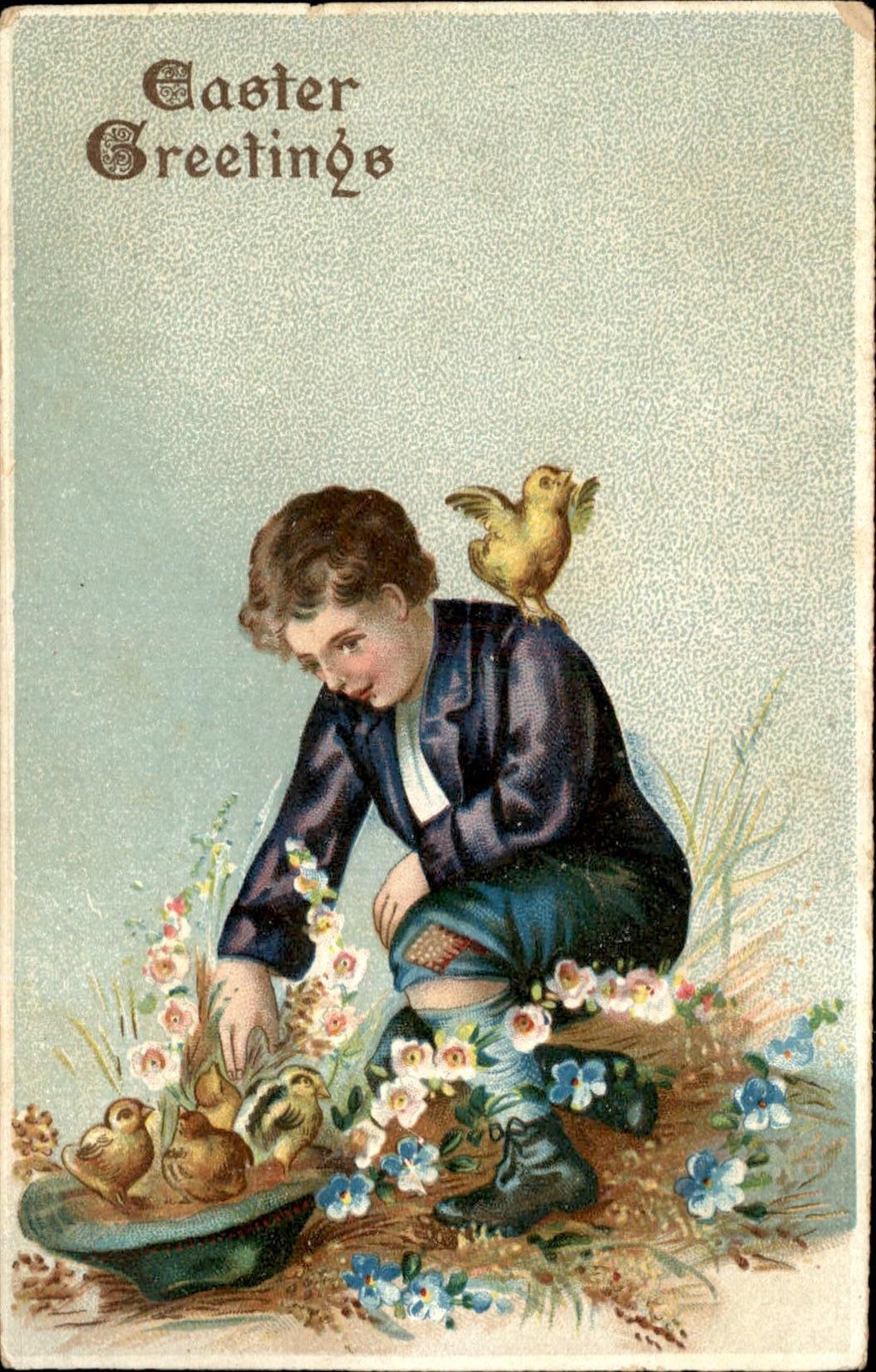 Easter Boy with Chicks and Flowers Animals Embossed c1910s-20s Vintage Postcard