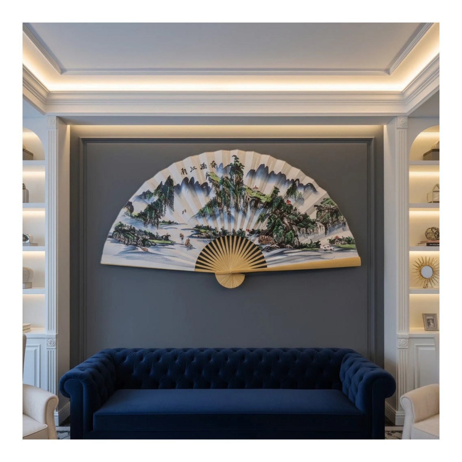 Large Chinese Folding Wall Fan Handmade Bamboo Silk Hanging Decor