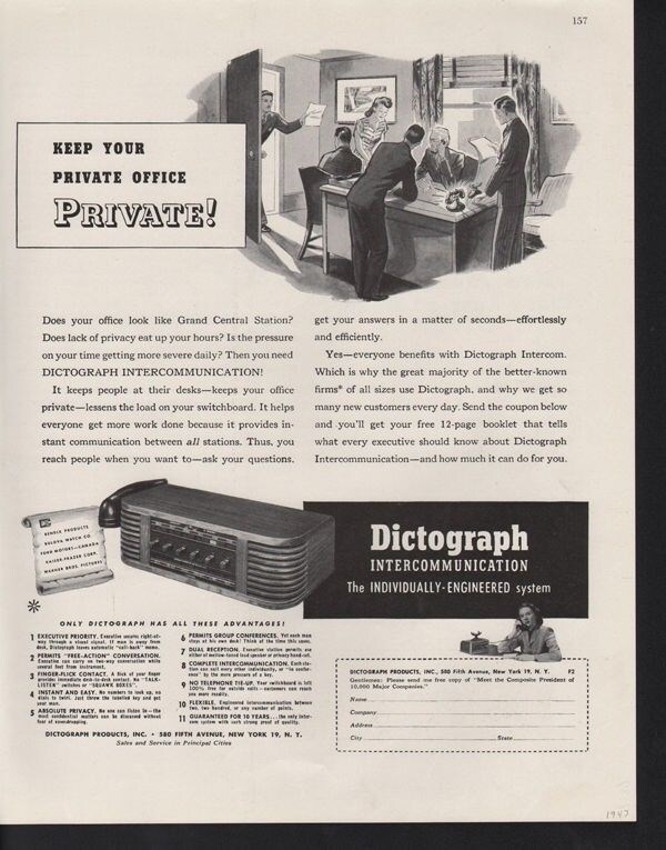 1947 DICTOGRAPH OFFICE INTERCOMMUNICATION PHONE BUSINESS TELEPHONE AD 14587