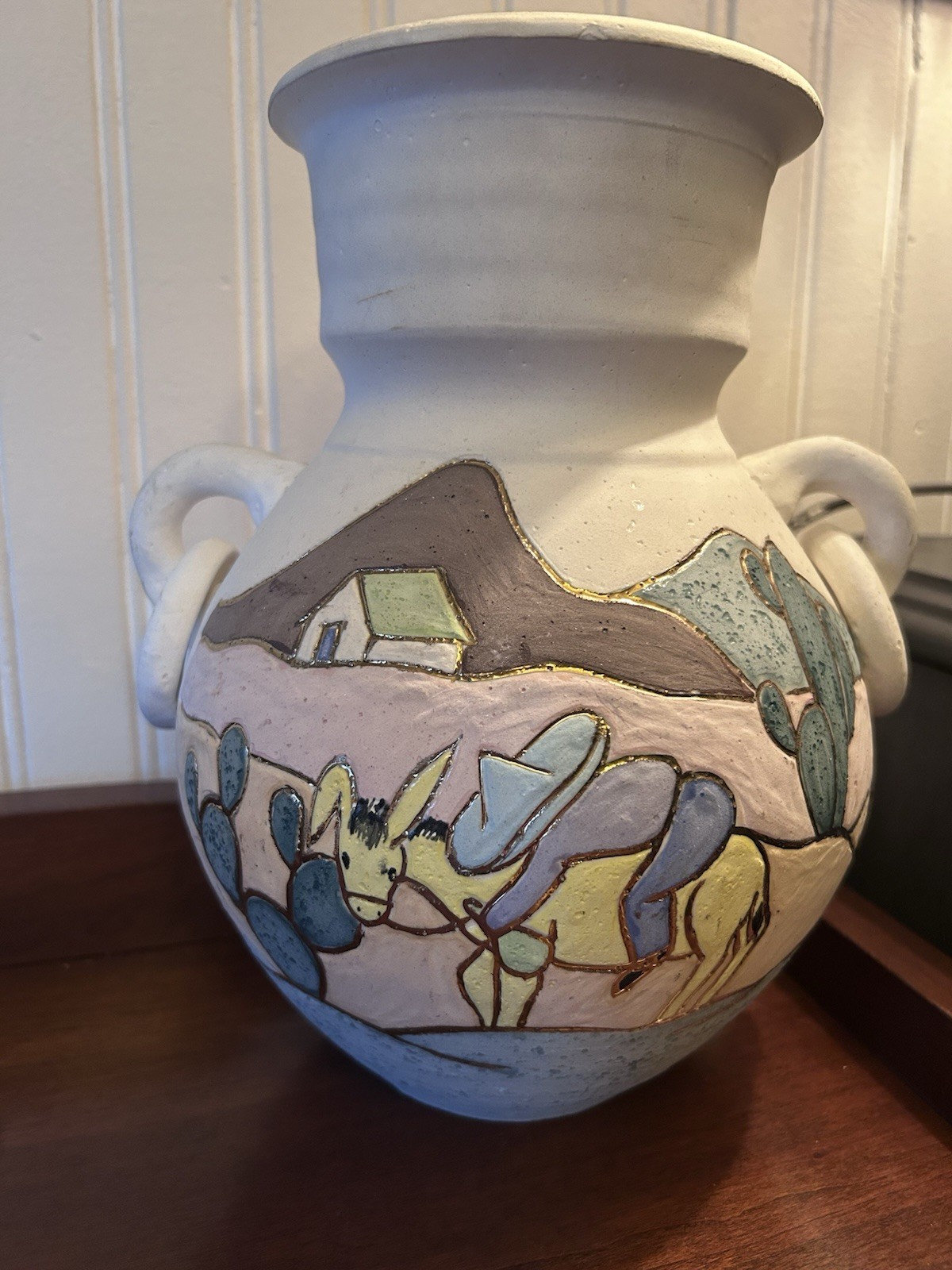 Vintage Acevloza Vase Hand Painted Donkey Cactus Southwest Desert Ring Handles