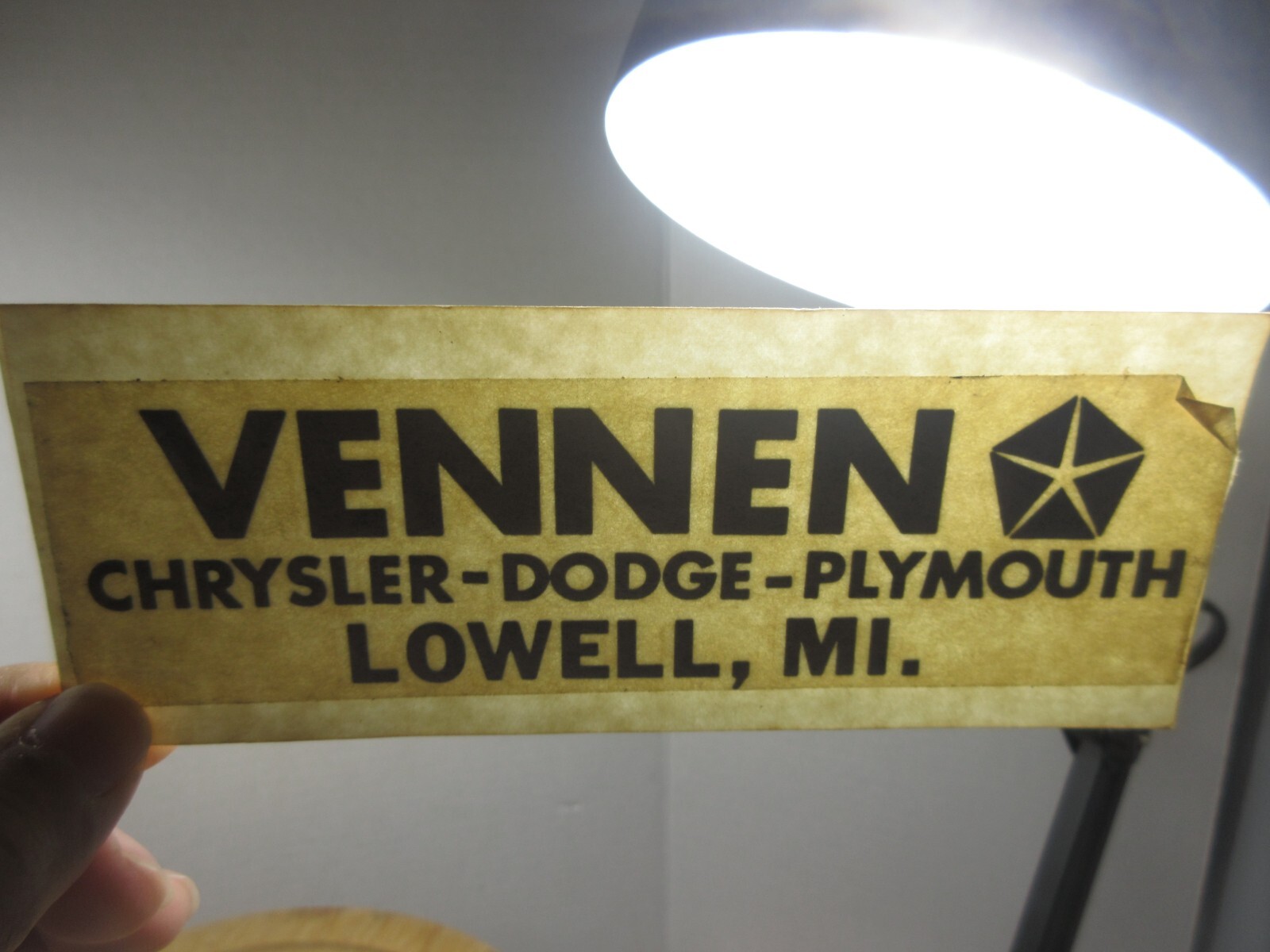 vintage Vennen Chrysler Dodge Plymouth Lowell Michigan auto car dealership decal vintage Vennen Chrysler Dodge Plymouth Lowell Michigan auto car dealership decal