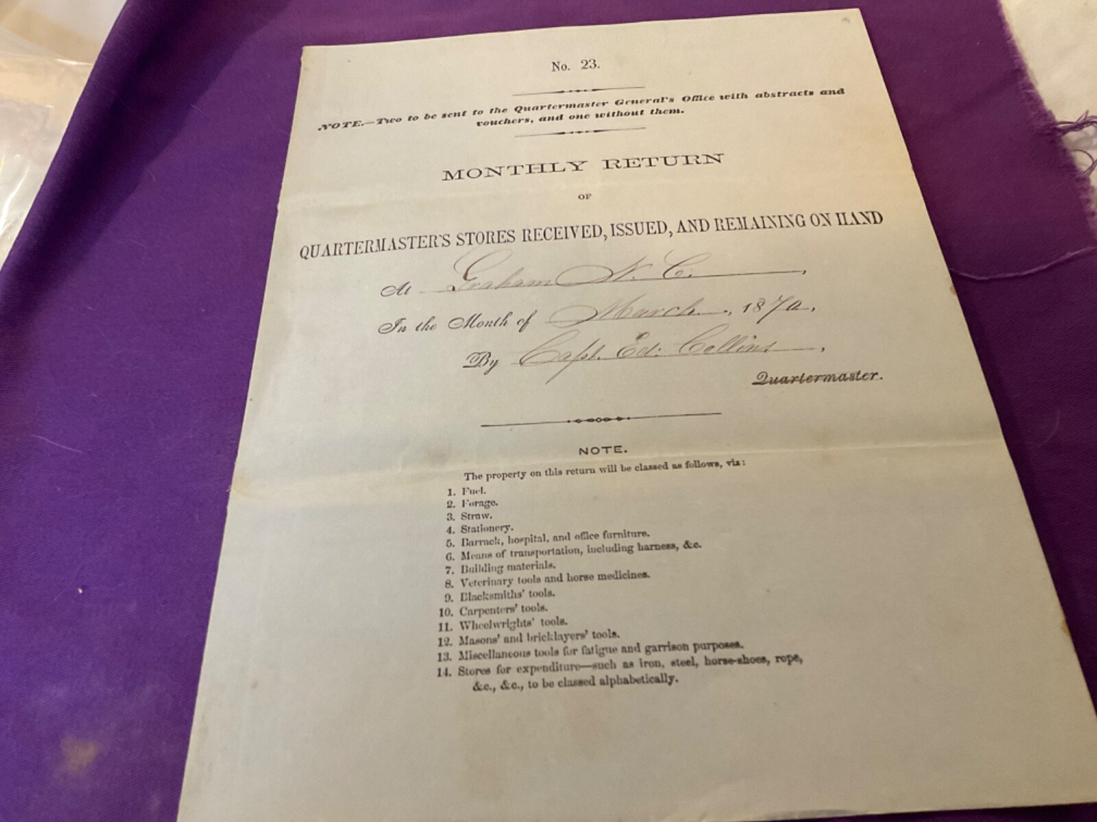1738 CIVIL WAR RECONSTRUCTION GRAHAM NORTH CAROLINA 1870 ARMY SUPPLIES ISSUE