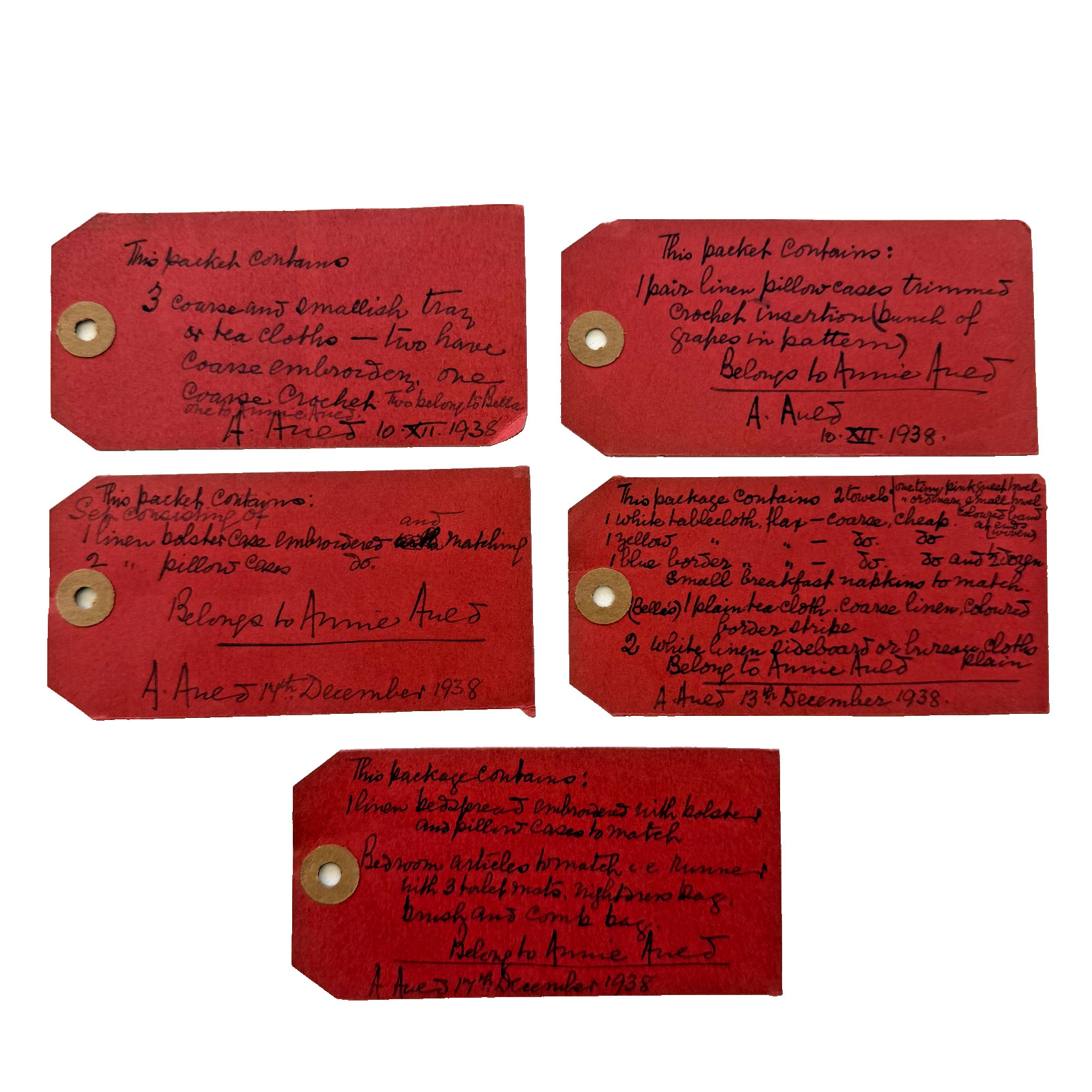 Lot of 5 Antique 1938 Annie Auej Handwritten Luggage Tags Household Linens
