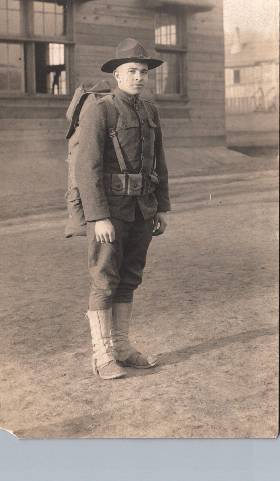 WW1 SOLDIER & BACKPACK real photo postcard rppc military uniform war ~CORNER