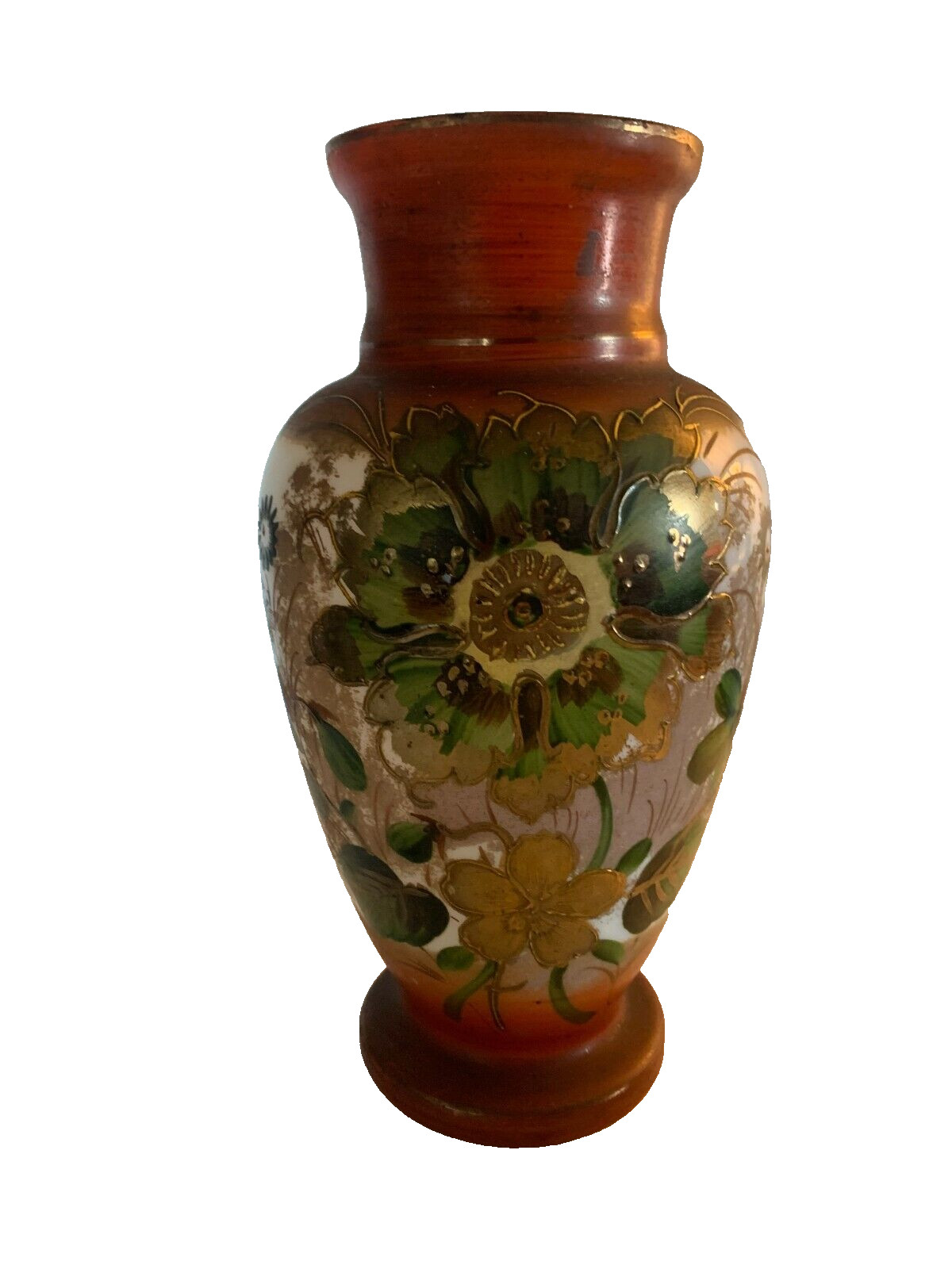 Handpainted Opaline Glass Vase with Applied Flowers Gold Trim Artist Signed