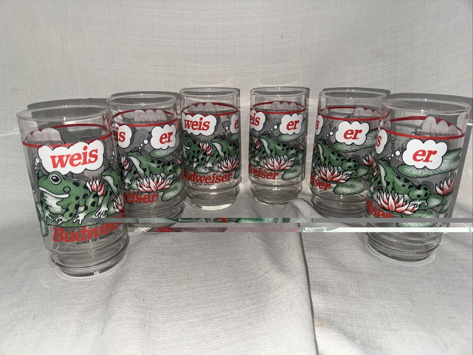 Budweiser 1995 vintage Glasses Set /6 16oz Frogs 6 In. Tall