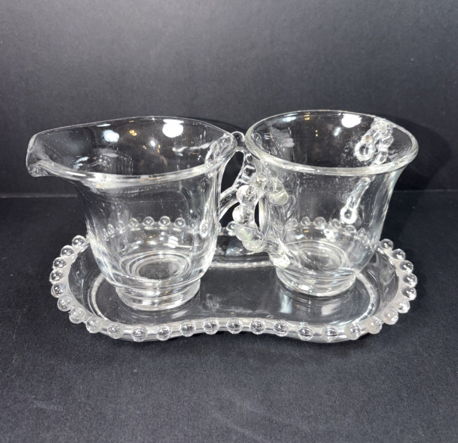 Candlewick By Imperial Sugar Creamer Set With Tray Vintage 3.5 In Tall On Tray