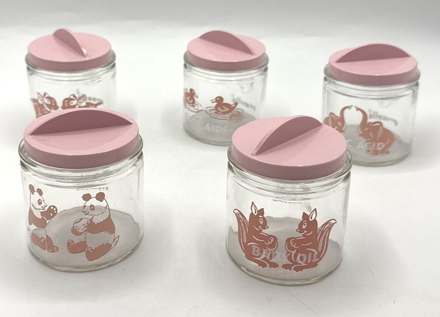 Five Vintage Evenflo Glass Nursery Jars with Lids Girl Baby Supplies 1950 Props