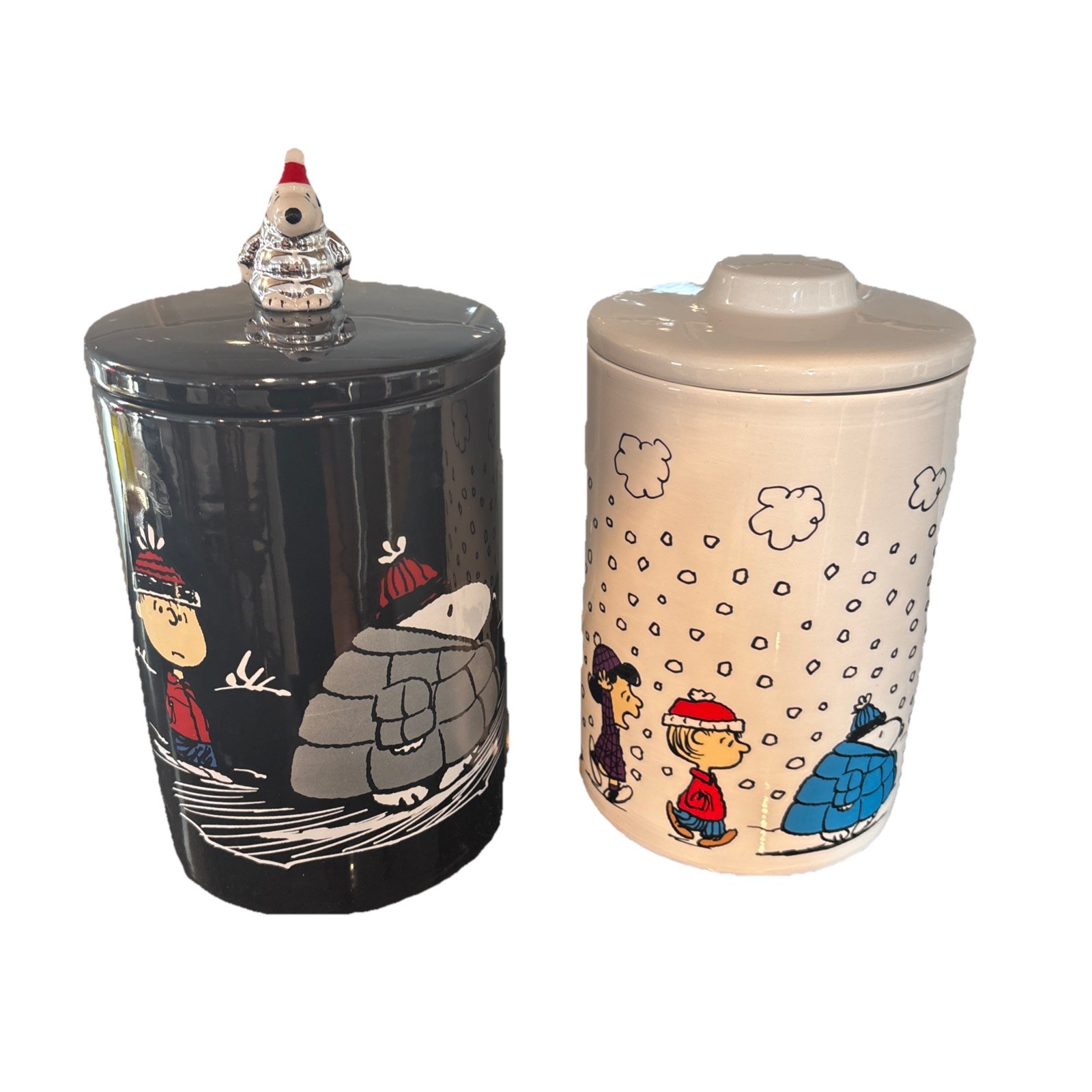 RARE Set of 2 Snoopy Puffer Jacket Cookie Jars Silver/Chrome/White Peanuts-NEW