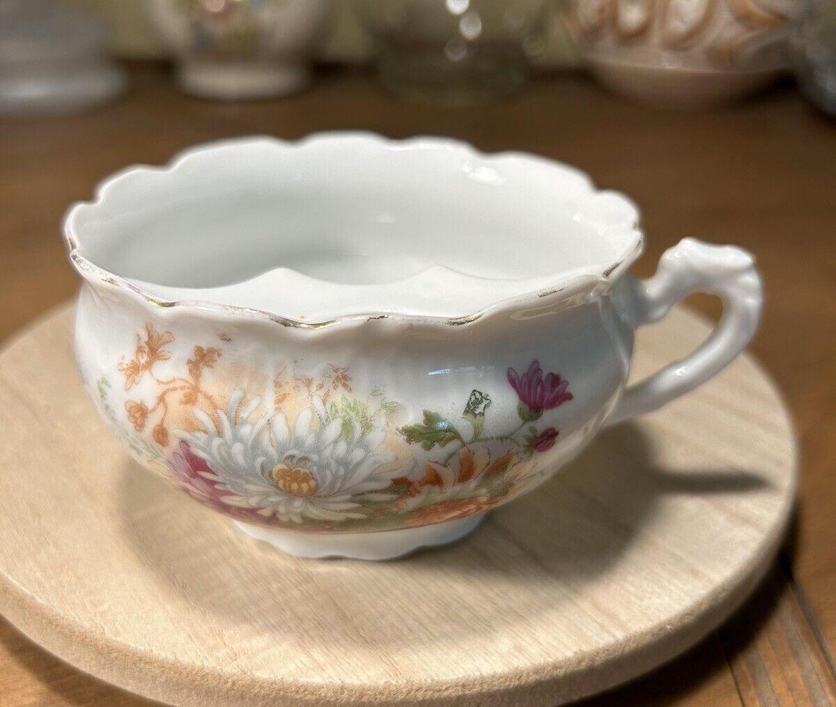 Antique Victorian Floral Porcelain Mustache Cup with Pink Flowers