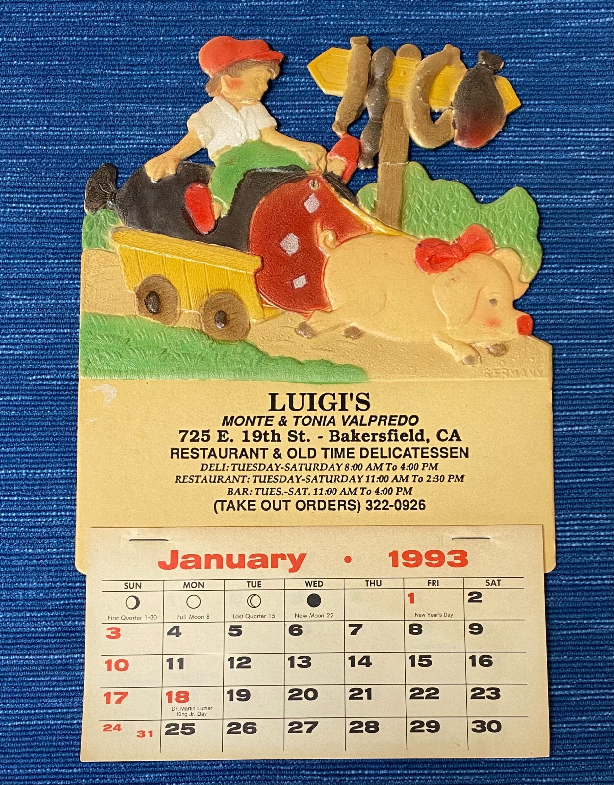Vtg 1993 Luigi's Restaurant Bakersfield CA Advertising Calendar Embossed Die Cut